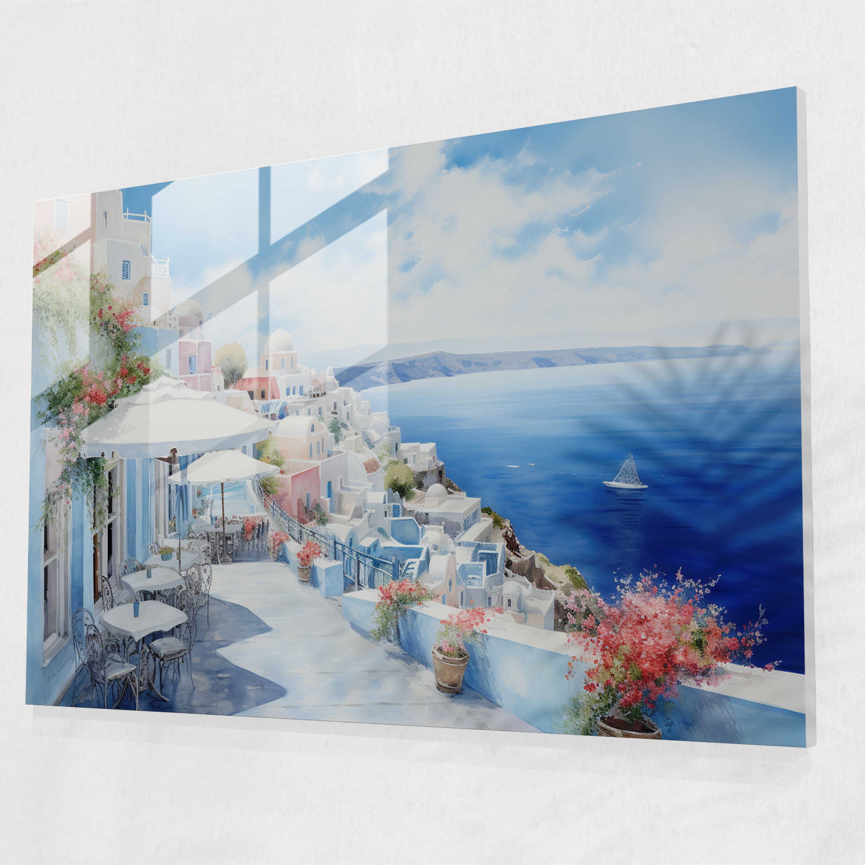 Santorini Glass Print - Watercolor Glass Wall Art - Santorini, Glass Art, Glass Wall Art, Pastel-Colored Watercolor Painting