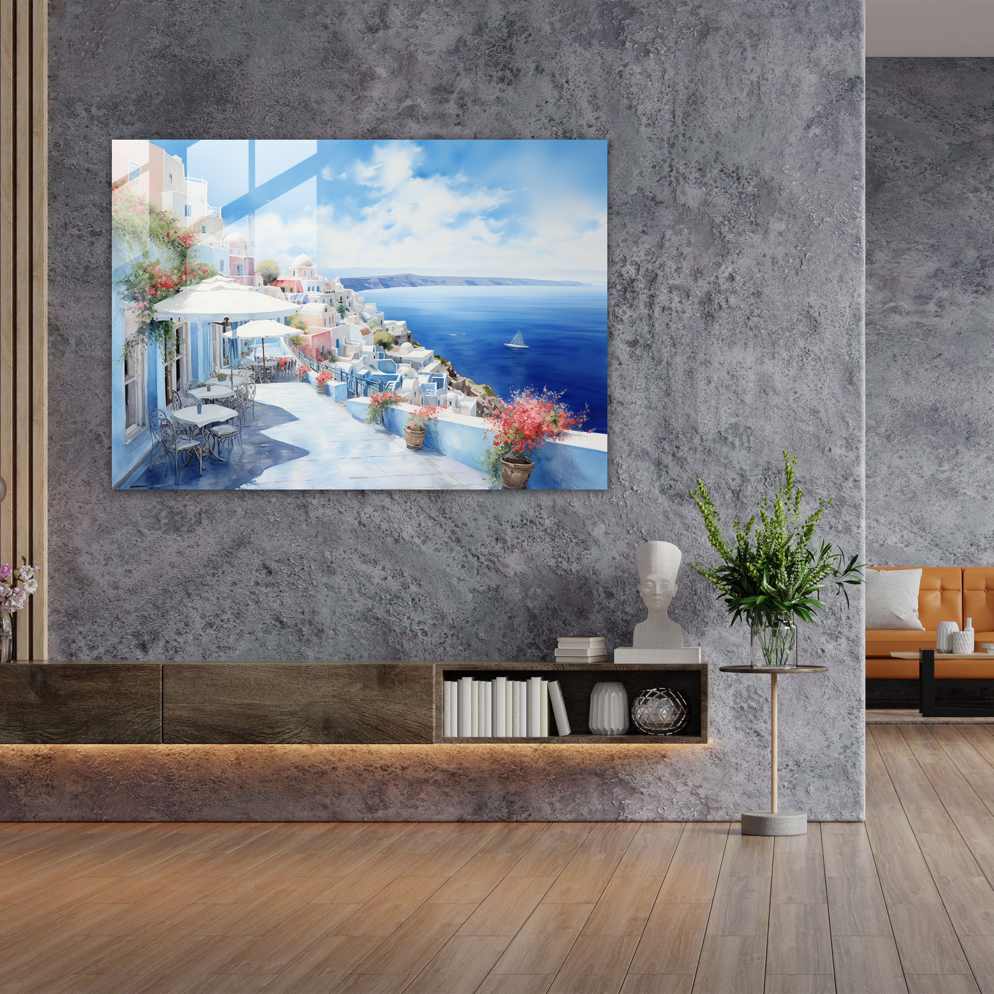 Santorini Glass Print - Watercolor Glass Wall Art - Santorini, Glass Art, Glass Wall Art, Pastel-Colored Watercolor Painting