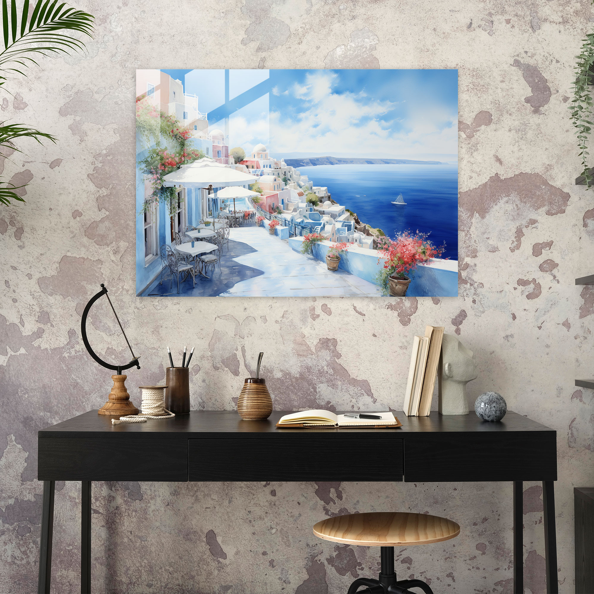 Santorini Glass Print - Watercolor Glass Wall Art - Santorini, Glass Art, Glass Wall Art, Pastel-Colored Watercolor Painting