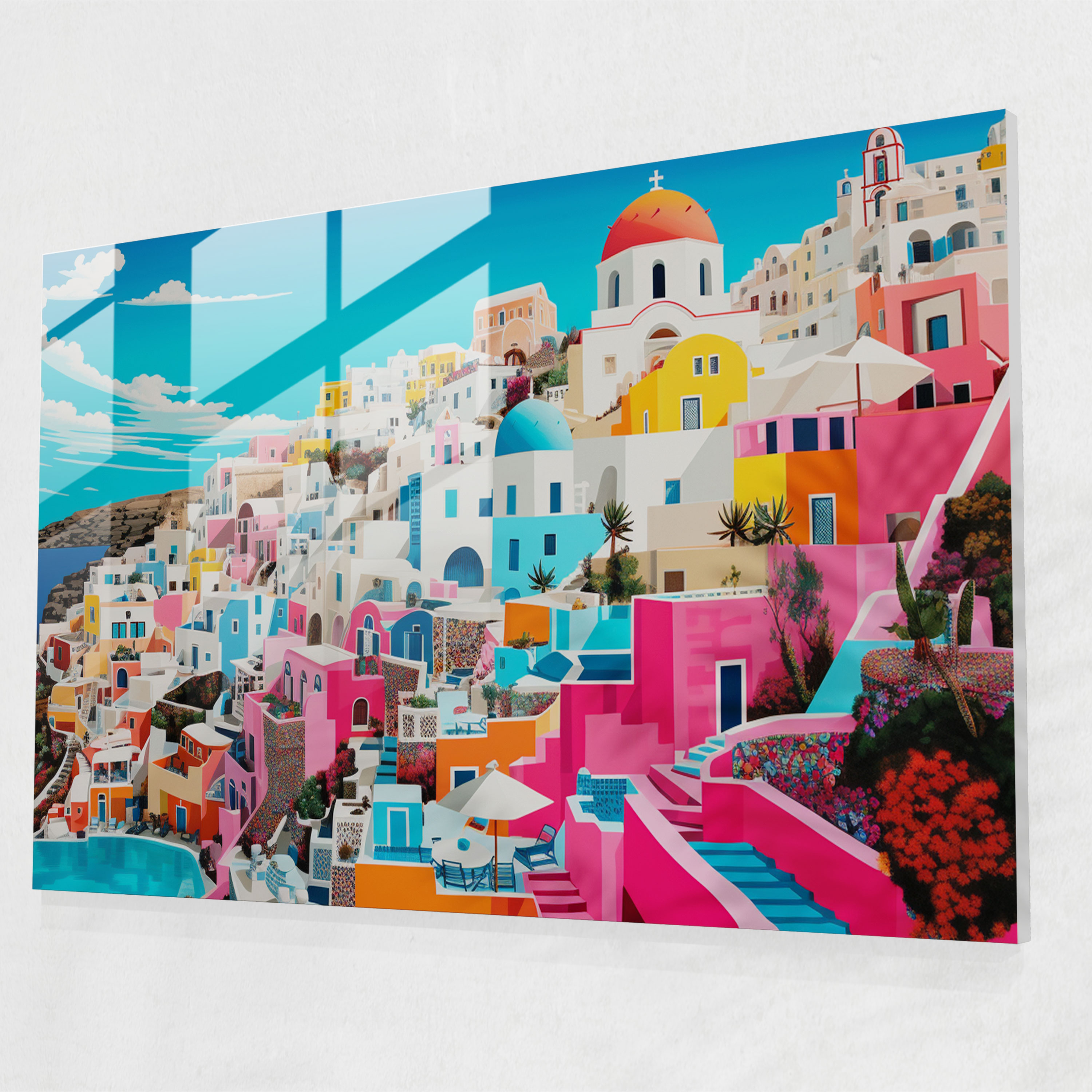 Santorini Glass Print - Pop Art Glass Wall Art - Santorini, Glass Art, Vibrant Colors, Glass Print