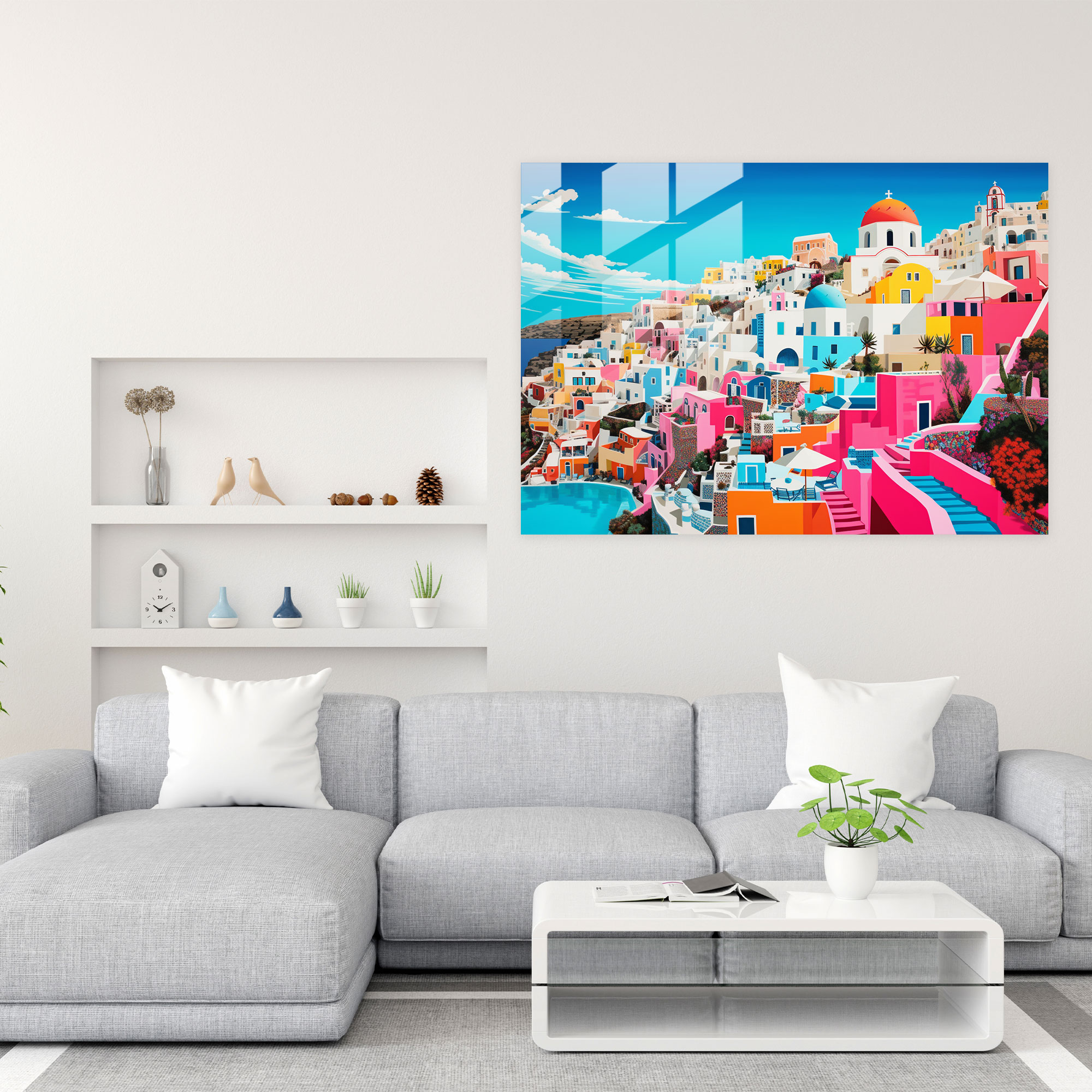 Santorini Glass Print - Pop Art Glass Wall Art - Santorini, Glass Art, Vibrant Colors, Glass Print