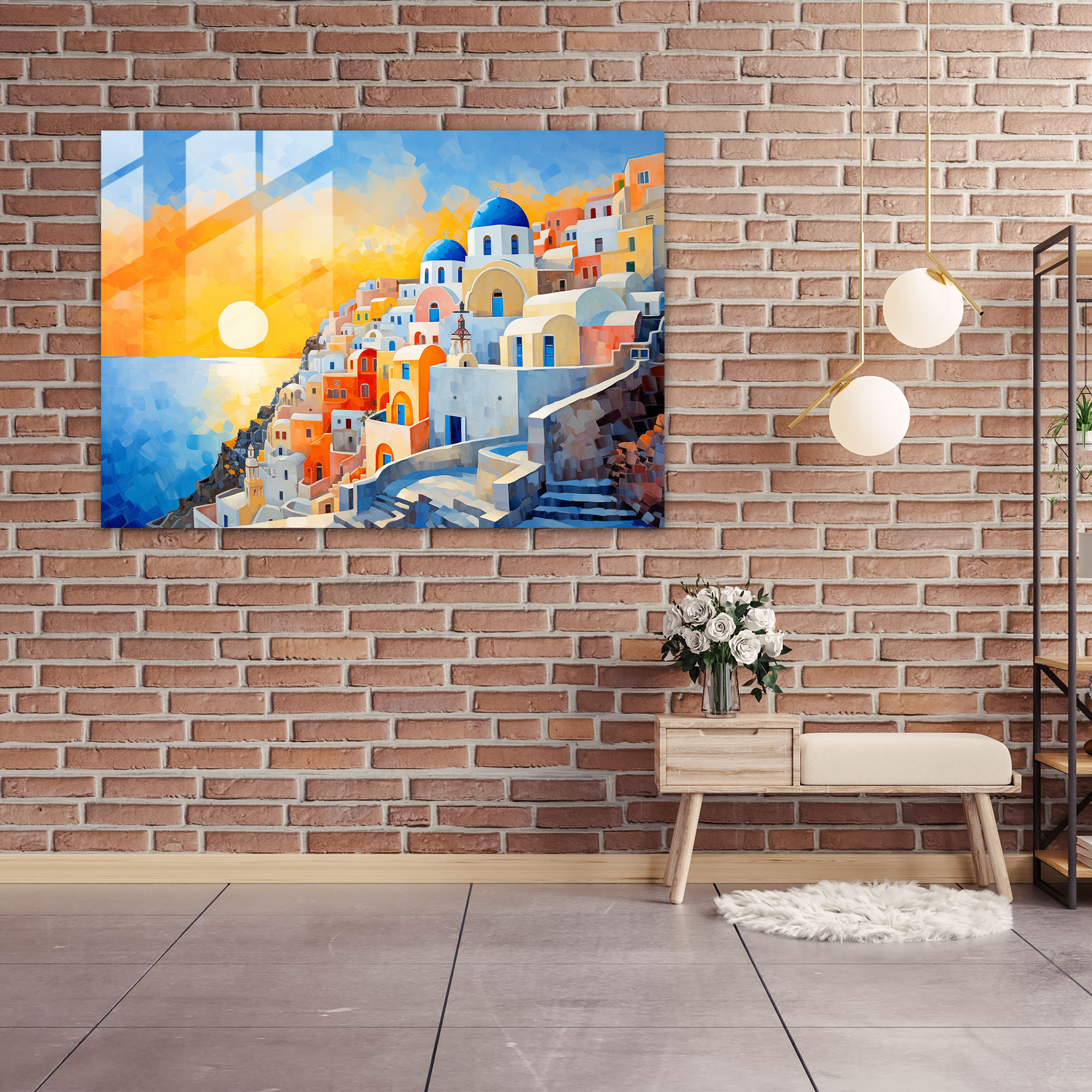 Santorini Glass Print - Santorini, Glass Wall Art, Home Decoration, Vibrant Colors