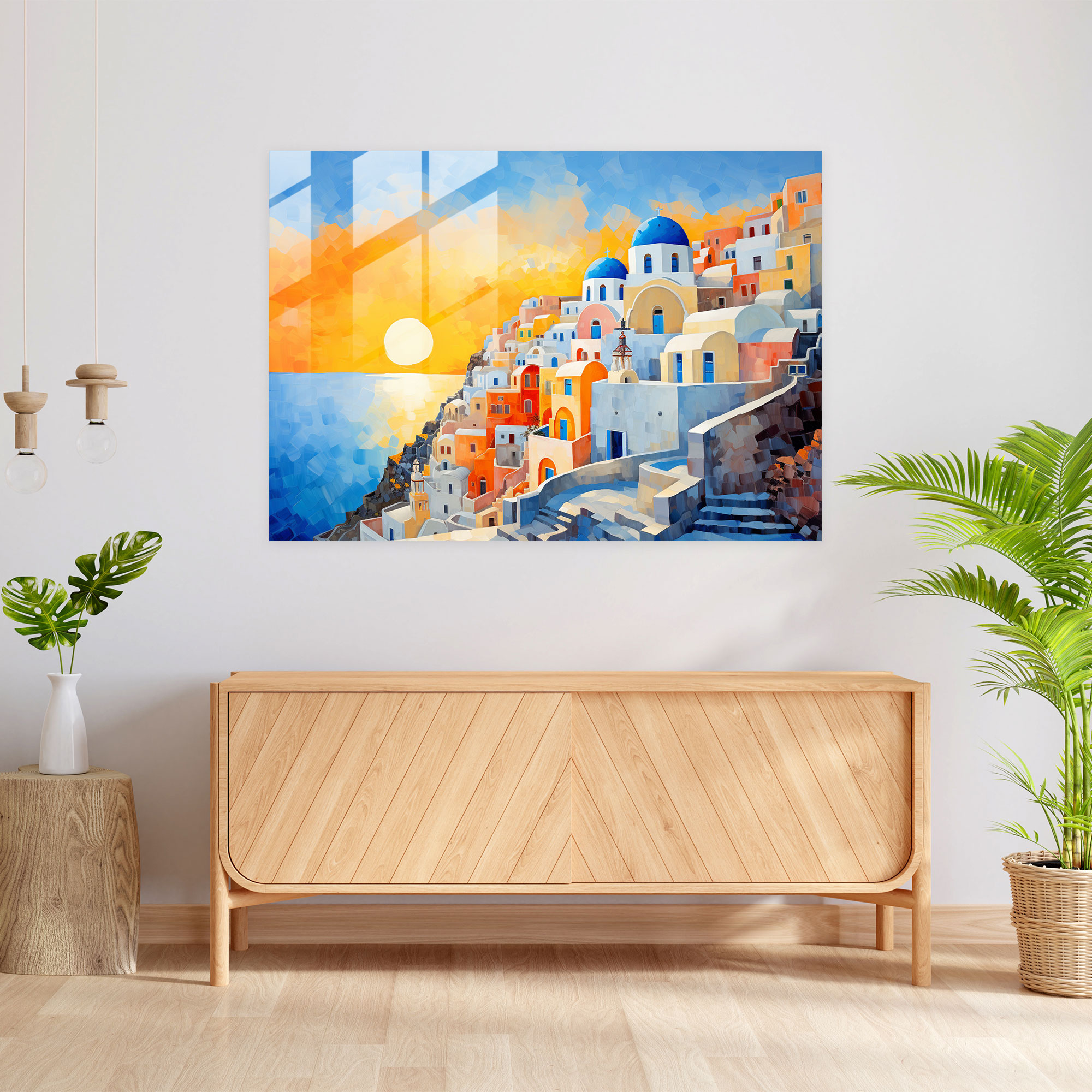 Santorini Glass Print - Santorini, Glass Wall Art, Home Decoration, Vibrant Colors