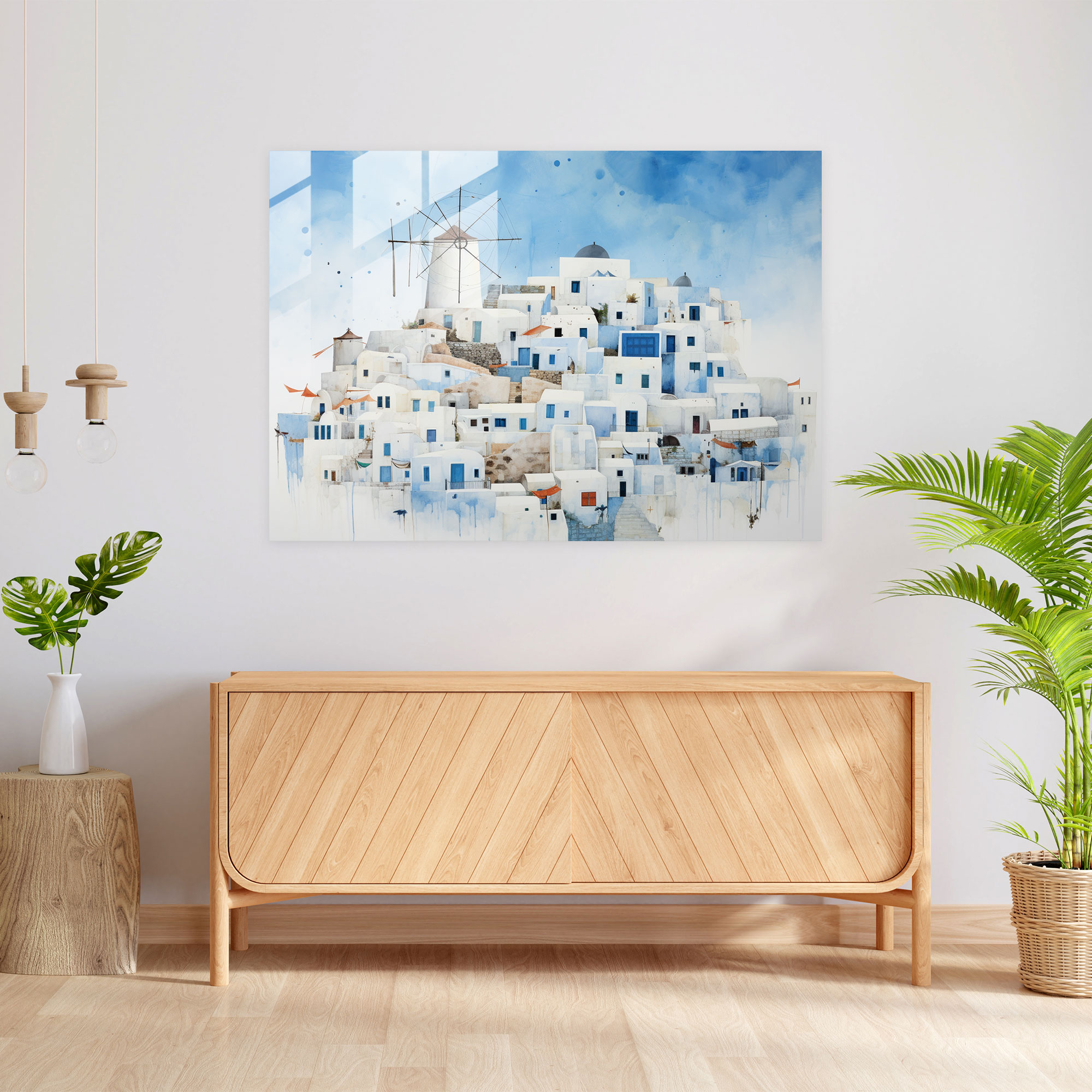 Santorini Dekoration für Zuhause - Leinwandbild von Santorini Blaue Kuppeln Windmühlen