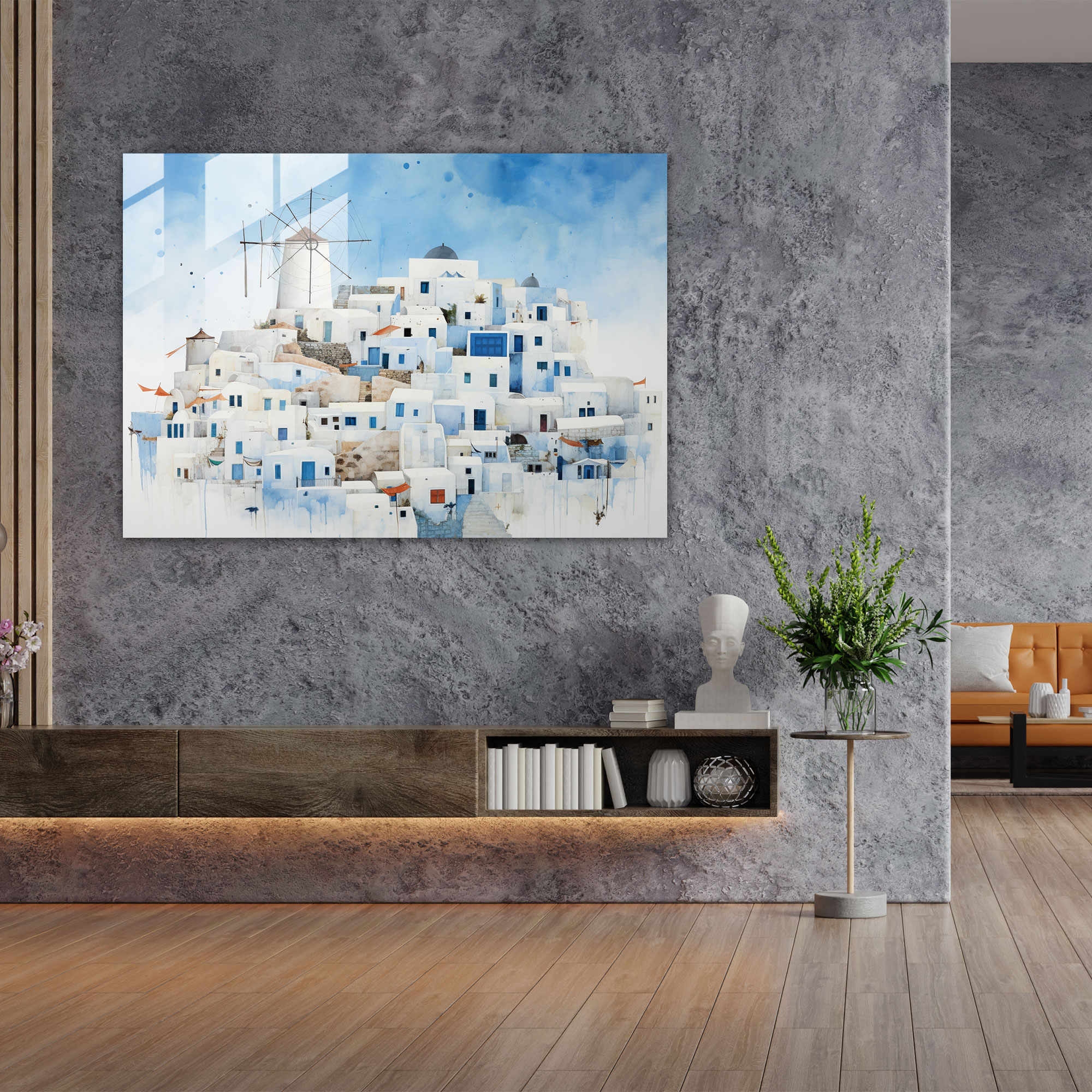 Santorini Dekoration für Zuhause - Leinwandbild von Santorini Blaue Kuppeln Windmühlen