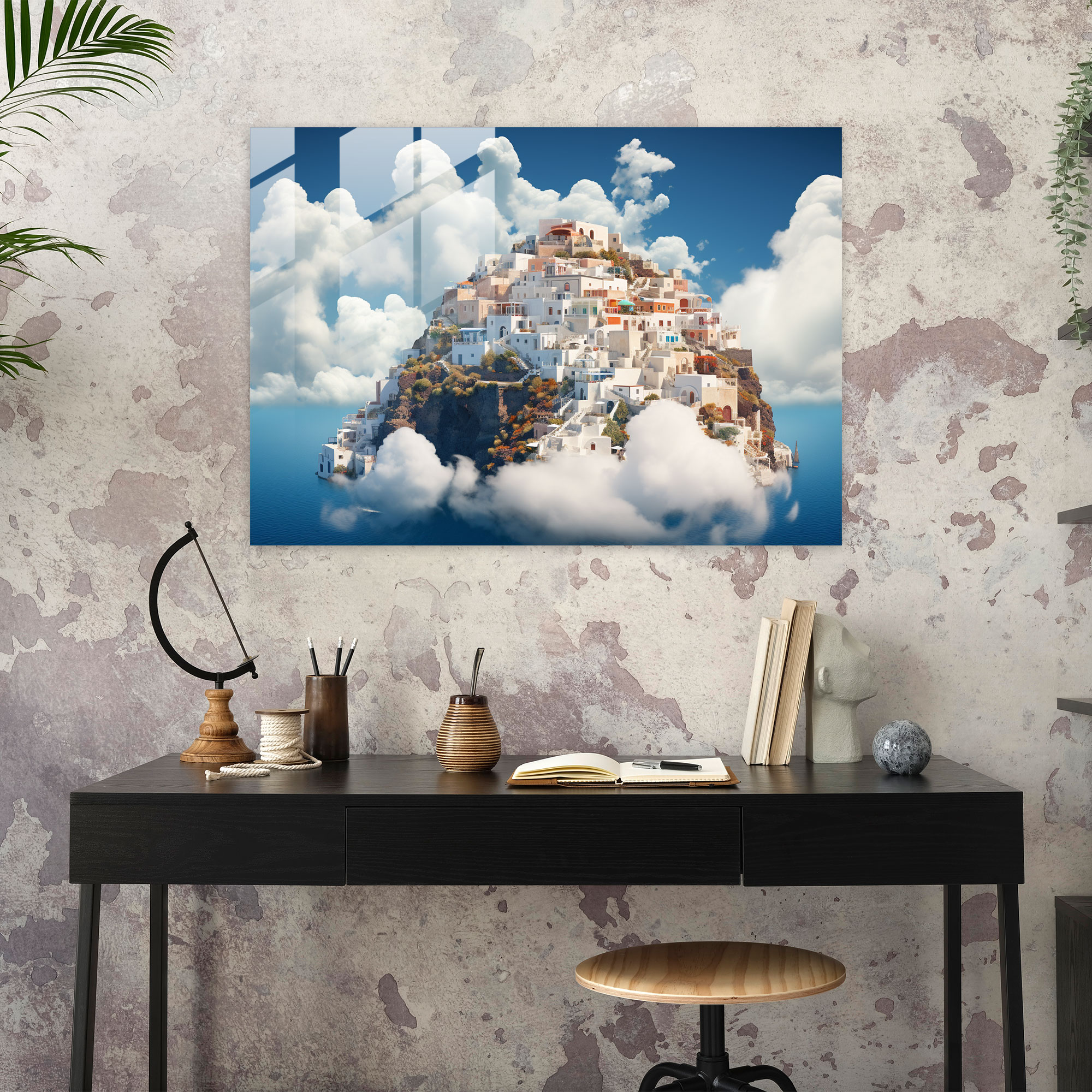 Santorini Glass Print - Santorini, Glass Art, Digital Art, Houses