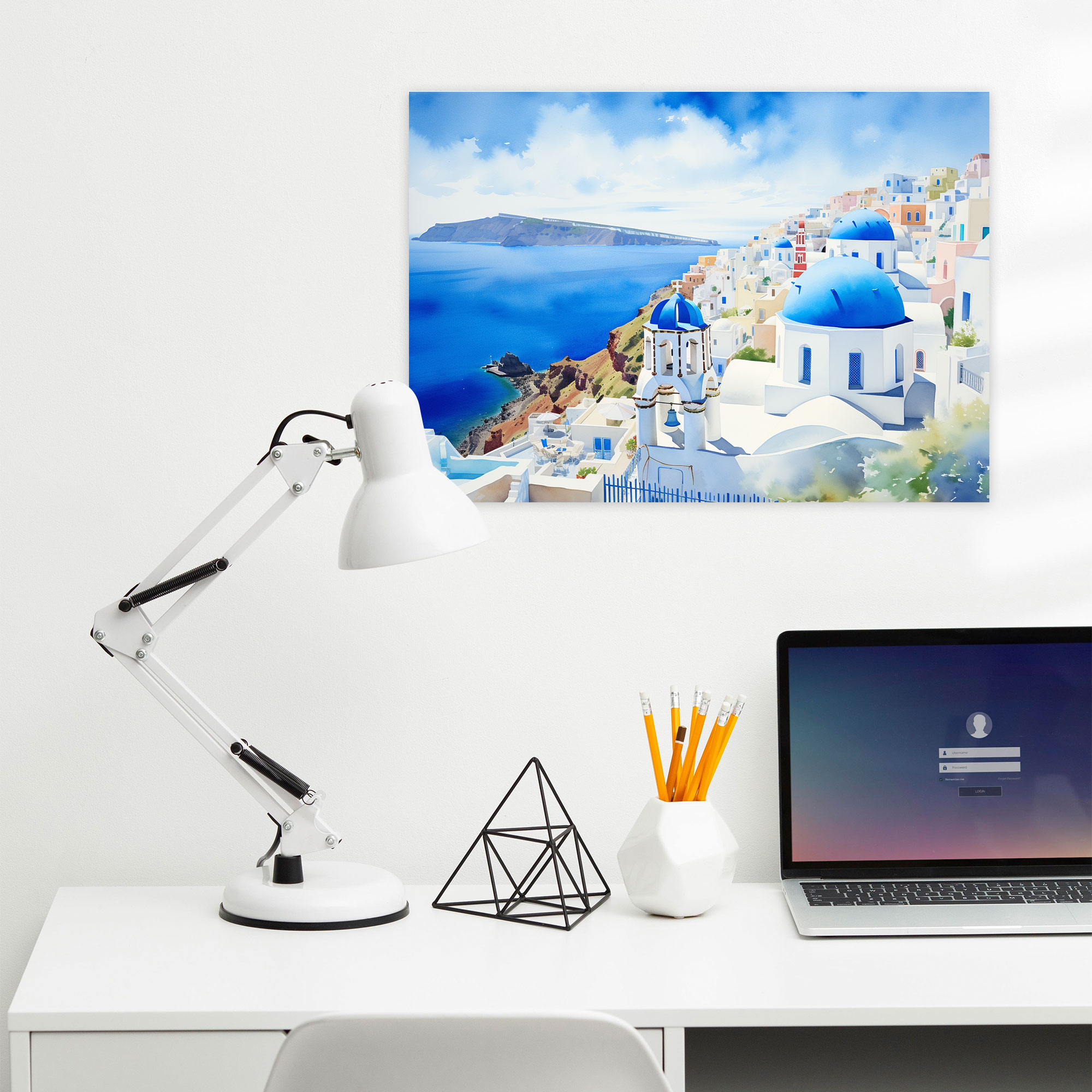 Santorini Wall Art - Watercolor Blue-Domed Churches Canvas Print - Santorini, Canvas, Charm, Stunning