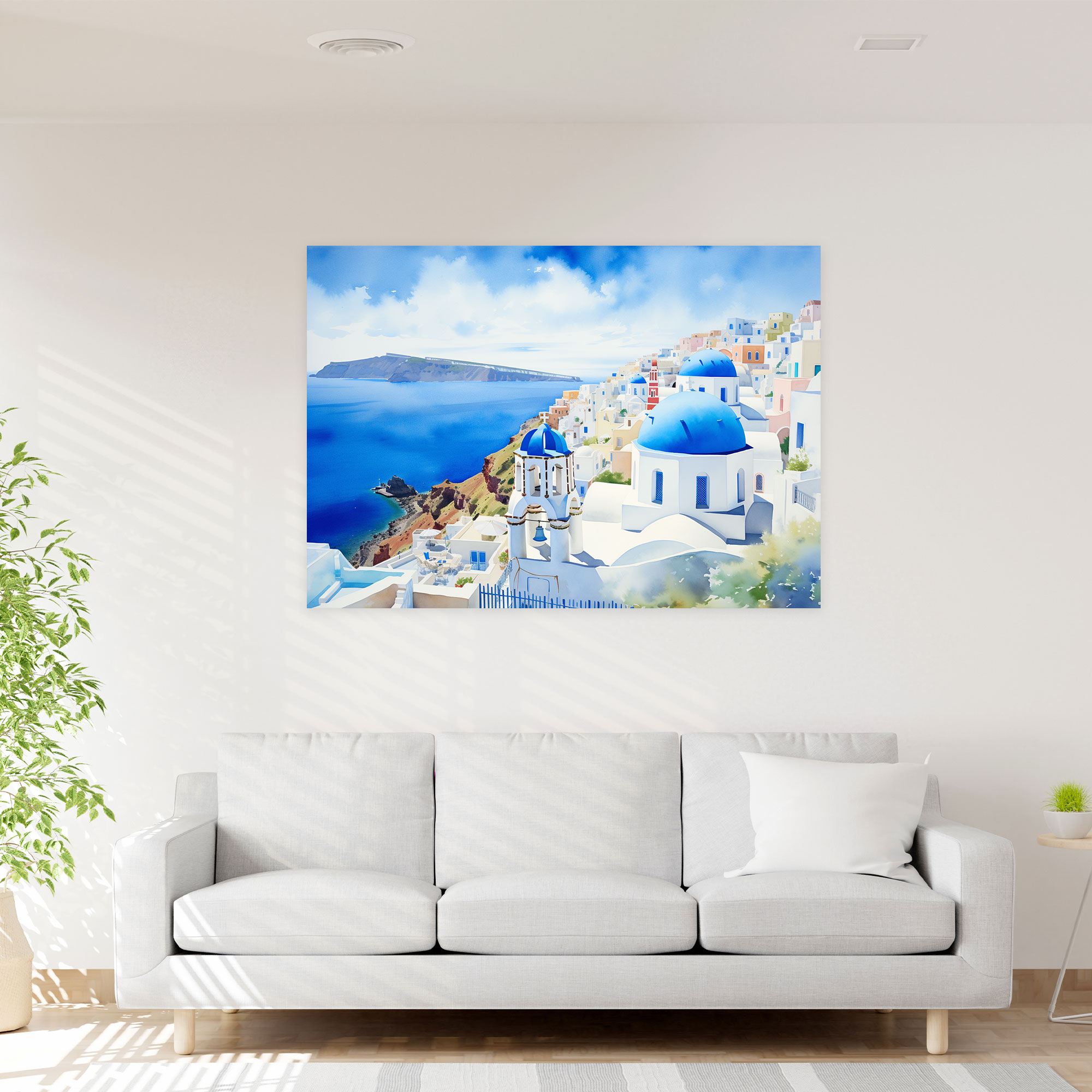 Santorini Wall Art - Watercolor Blue-Domed Churches Canvas Print - Santorini, Canvas, Charm, Stunning