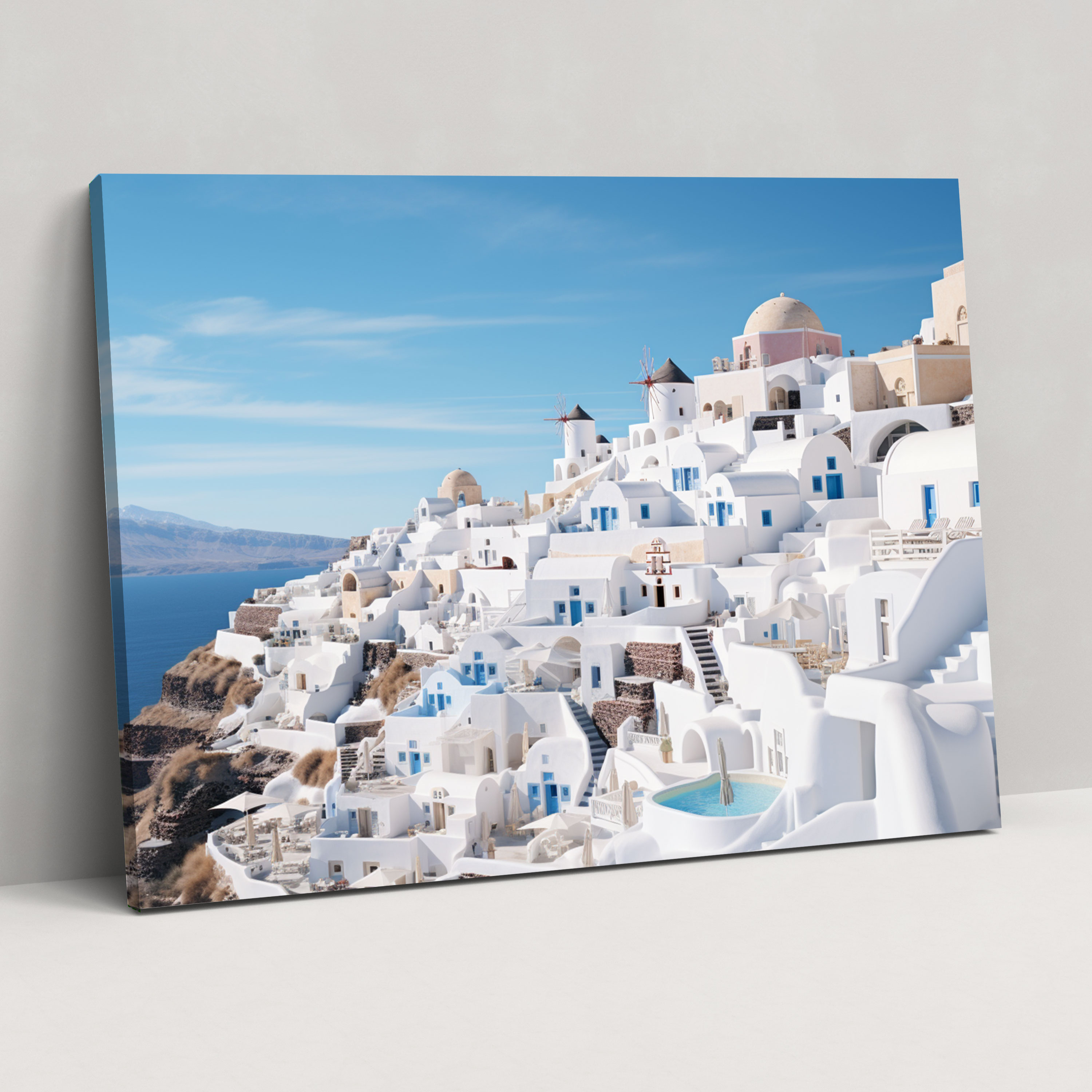 Santorini Canvas Print - Panoramic White Buildings Wall Art - Santorini, Serenity, Elegance, Canvas Print