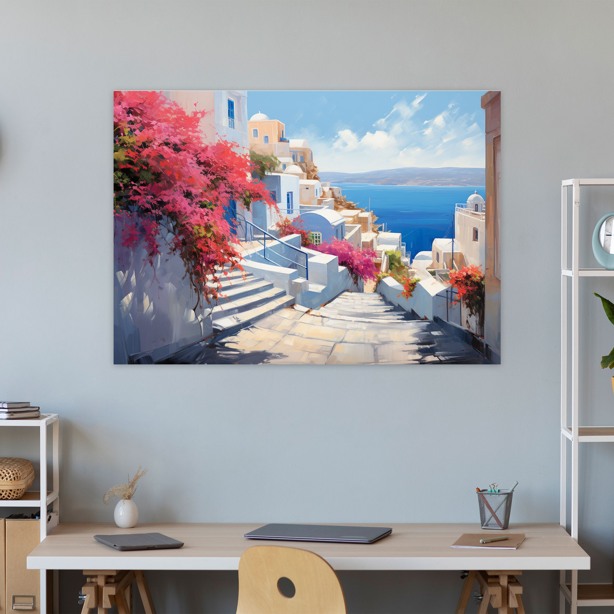 Santorini Wall Art - Impressionist Bougainvillea Trees Canvas Print - Santorini, Captivating, Bougainvillea Trees, Canvas Print