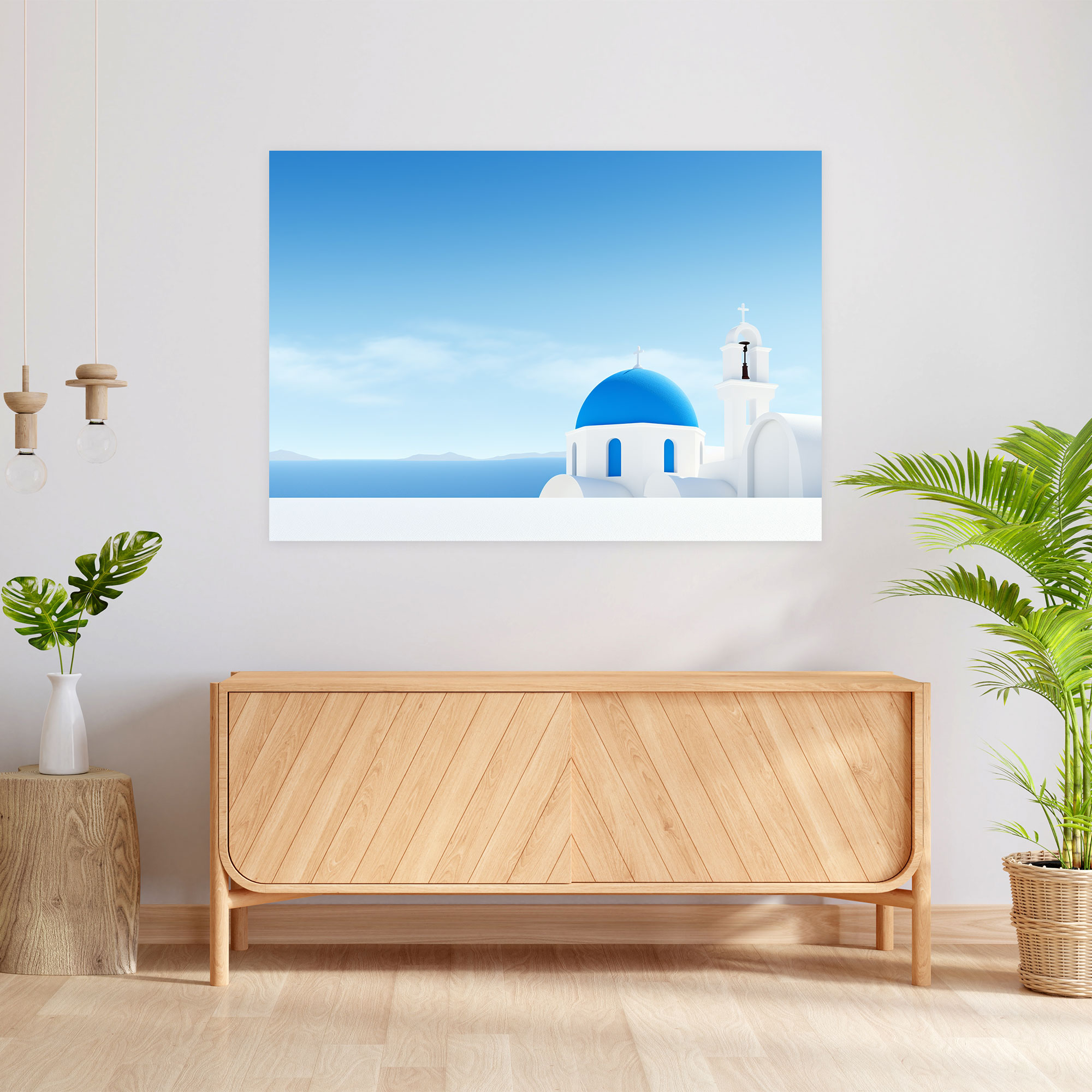 Santorini Canvas Print - Minimalist Blue-Domed Church Wall Art - Santorini, Calming Beauty, Tranquility, Santorini