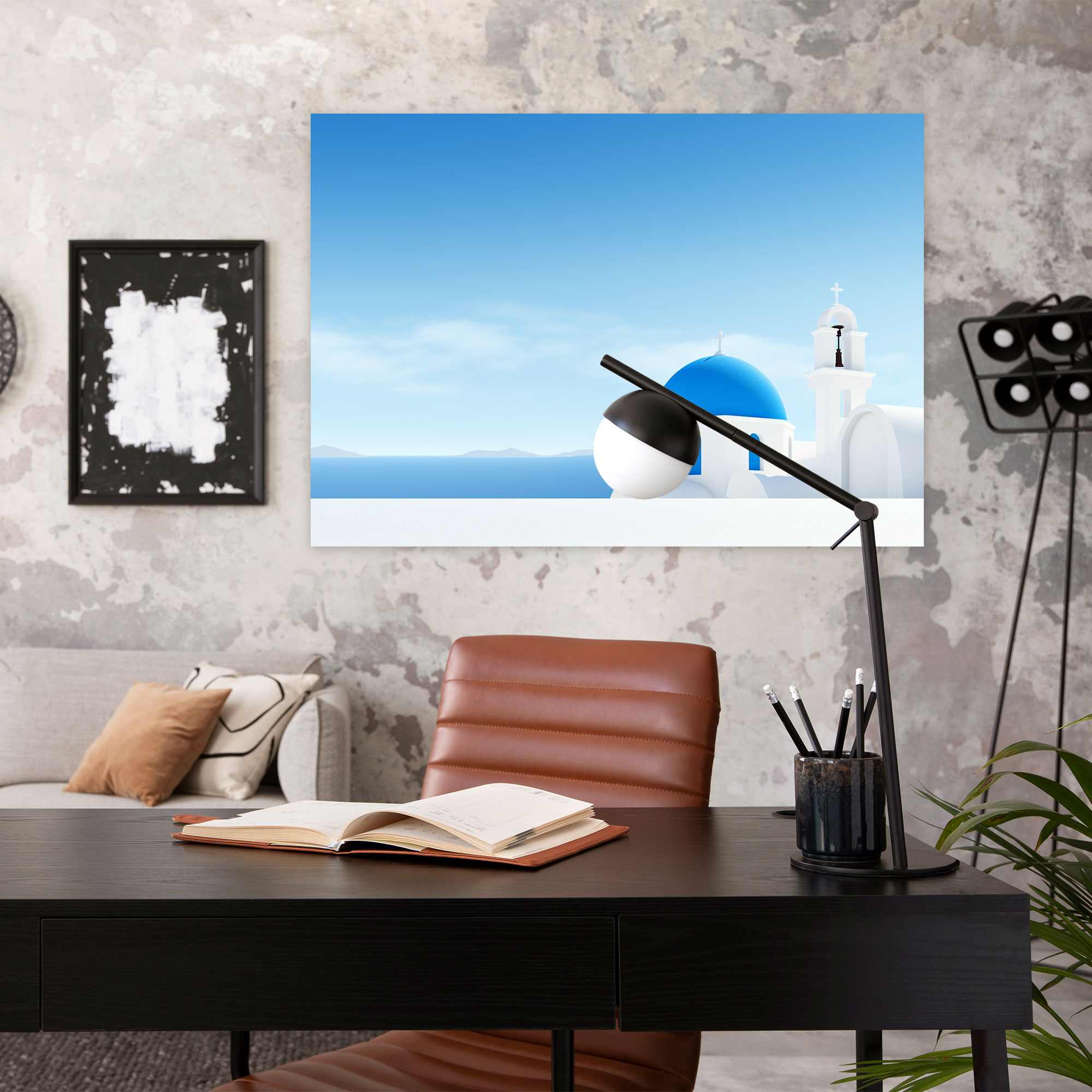 Santorini Canvas Print - Minimalist Blue-Domed Church Wall Art - Santorini, Calming Beauty, Tranquility, Santorini