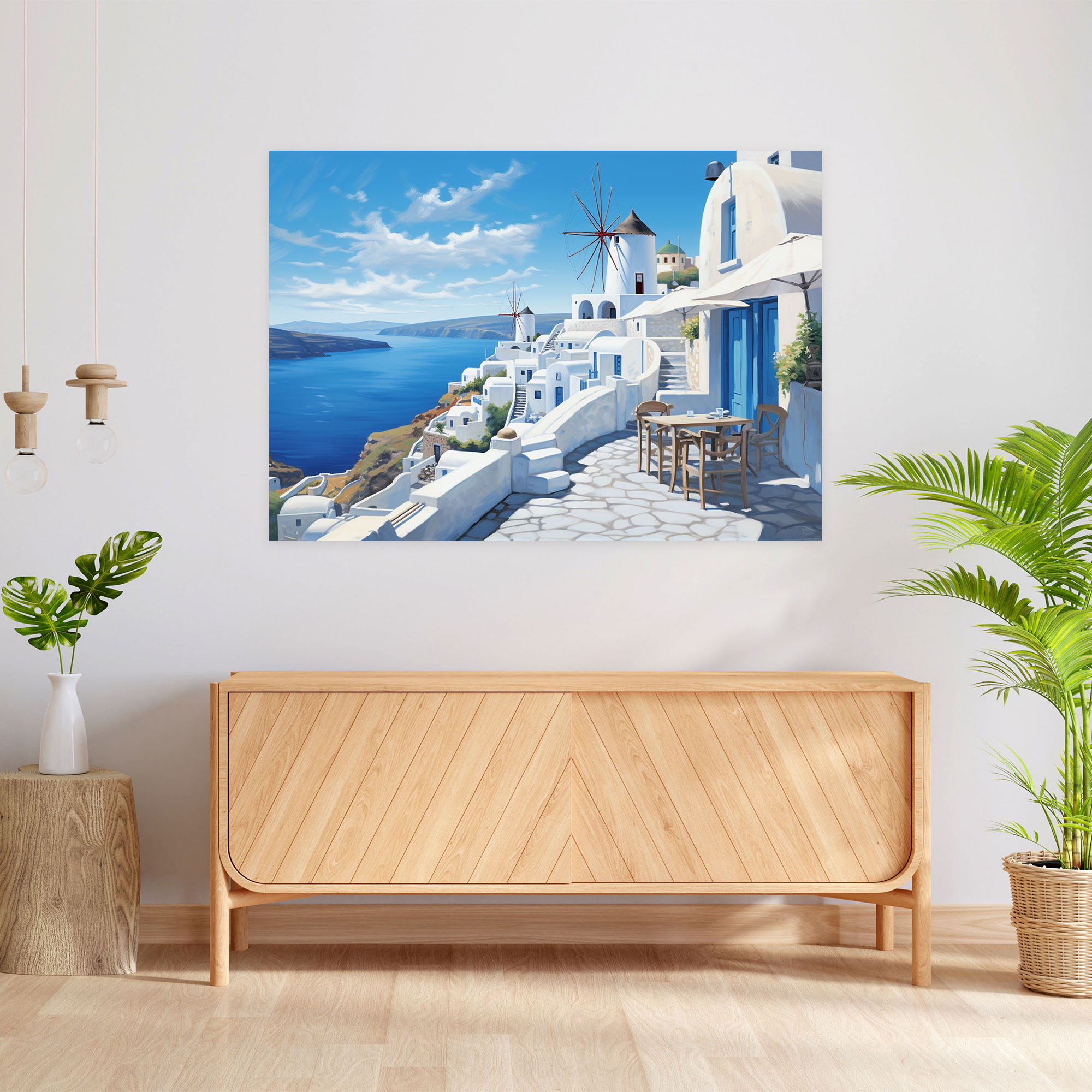 Santorini Canvas Print - Realistic Windmills By The Aegean Sea - Santorini, Timeless Beauty, Wall Art, Home Decoration
