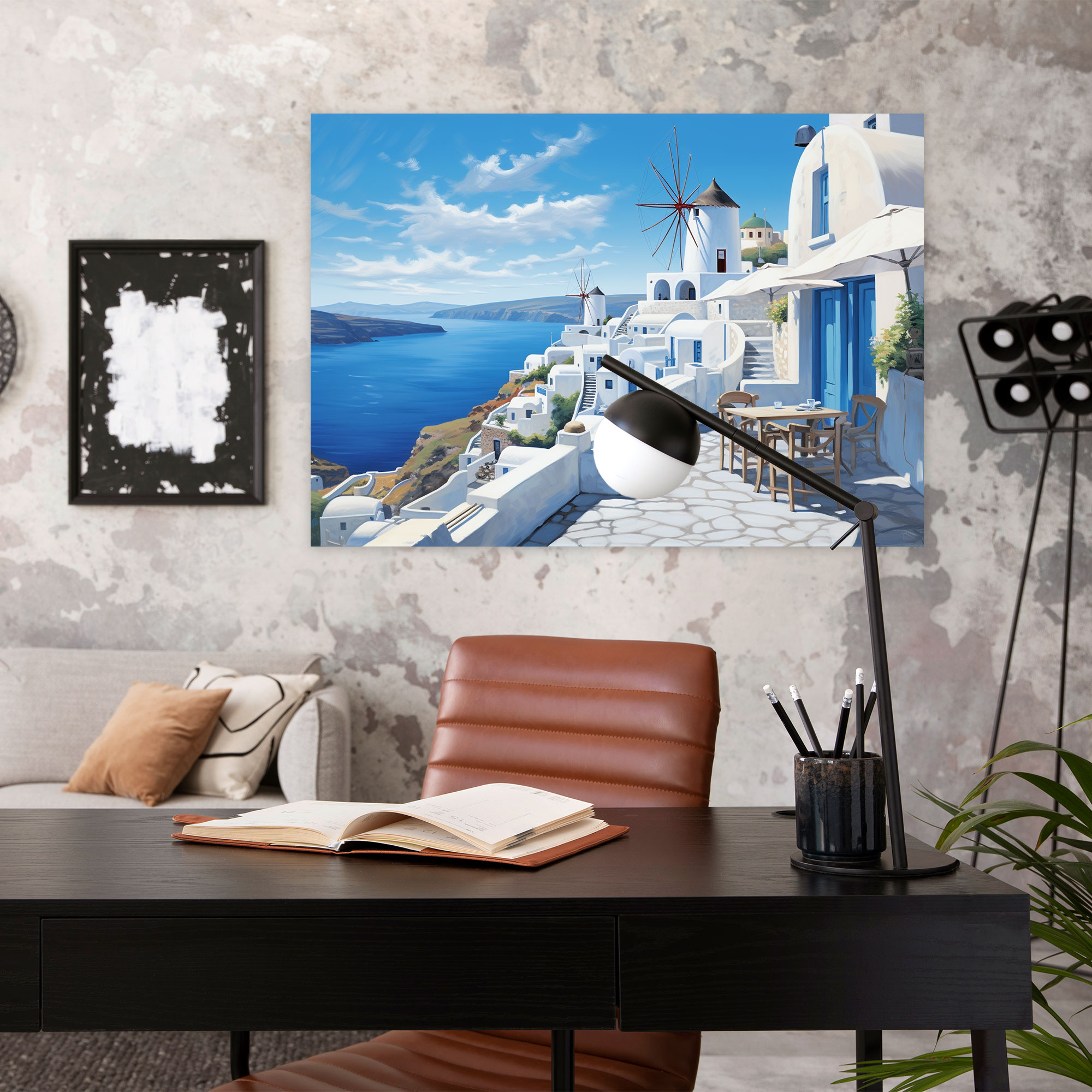 Santorini Canvas Print - Realistic Windmills By The Aegean Sea - Santorini, Timeless Beauty, Wall Art, Home Decoration