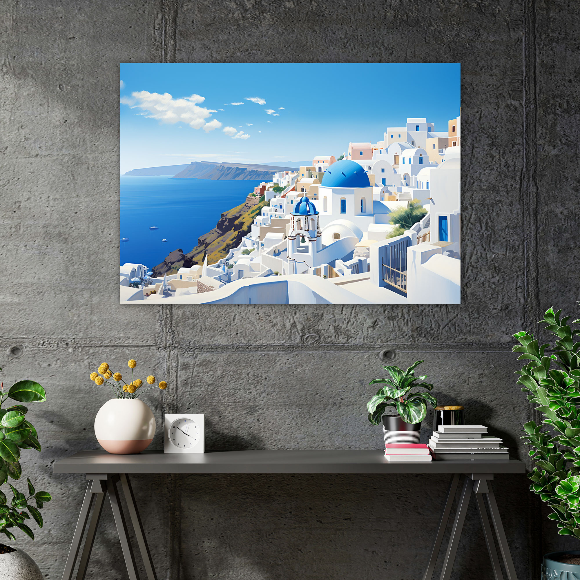 Santorini Wall Art - Traditional Blue And White Buildings Canvas Print - Santorini, Tranquility, Wall Art, Beauty