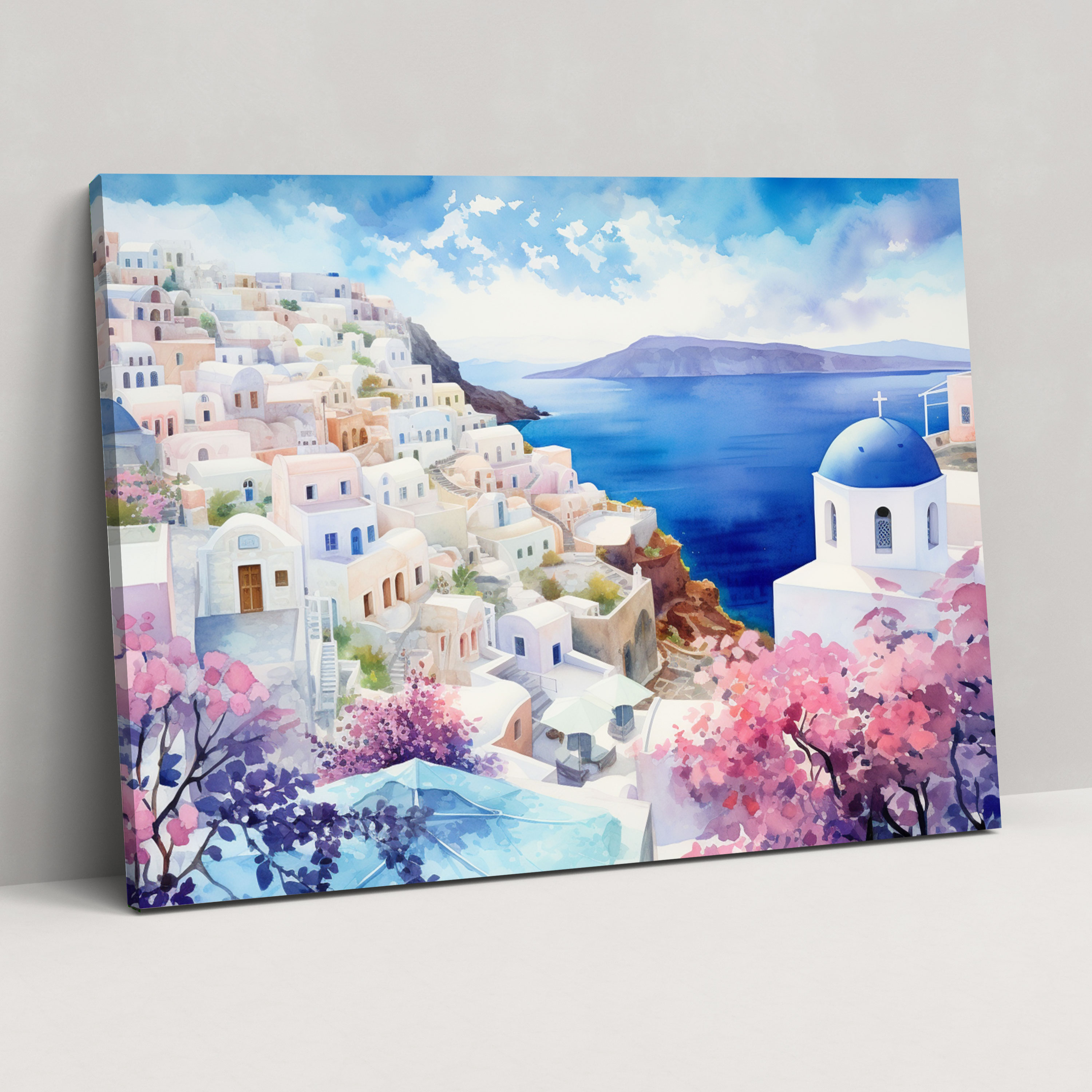 Santorini Canvas Print - Watercolor Village Wall Decoration - Santorini, Santorini, Canvas Print, Canvas