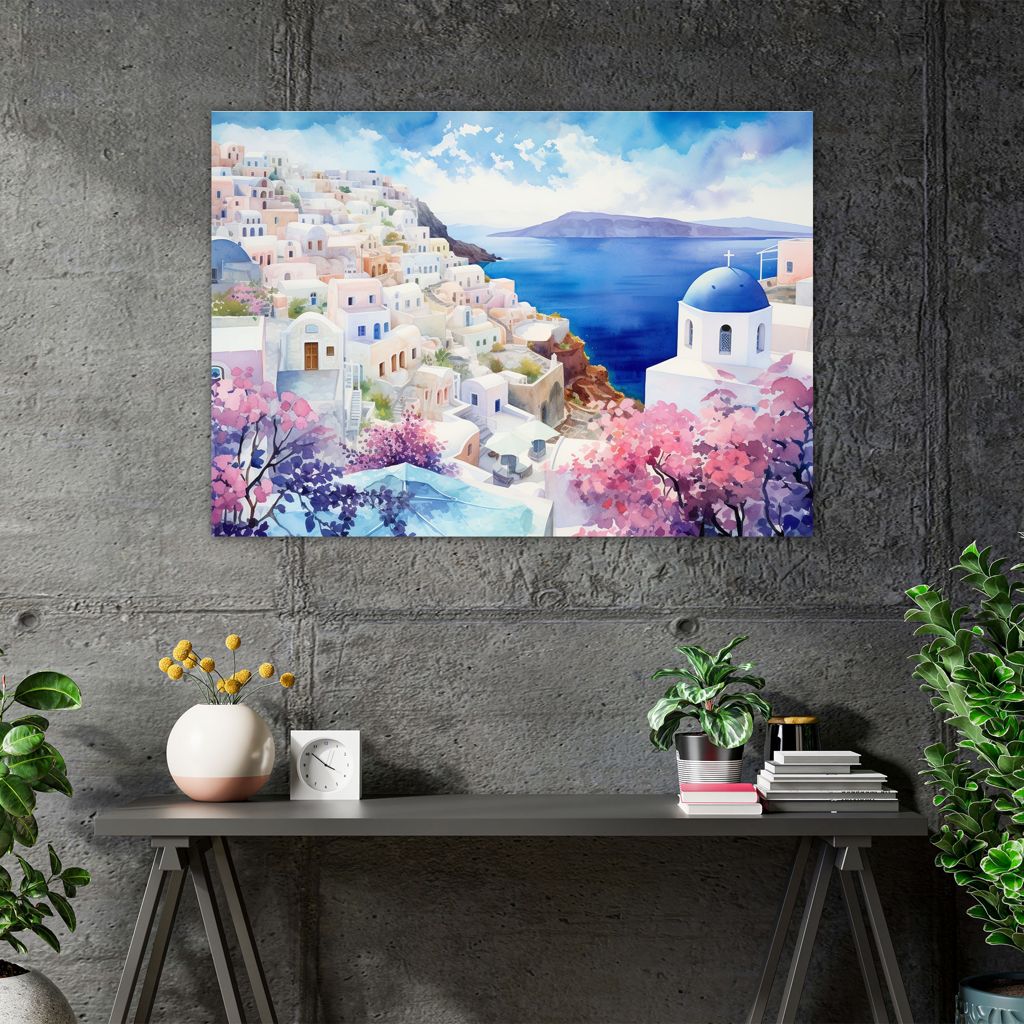 Santorini Canvas Print - Watercolor Village Wall Decoration - Santorini, Santorini, Canvas Print, Canvas