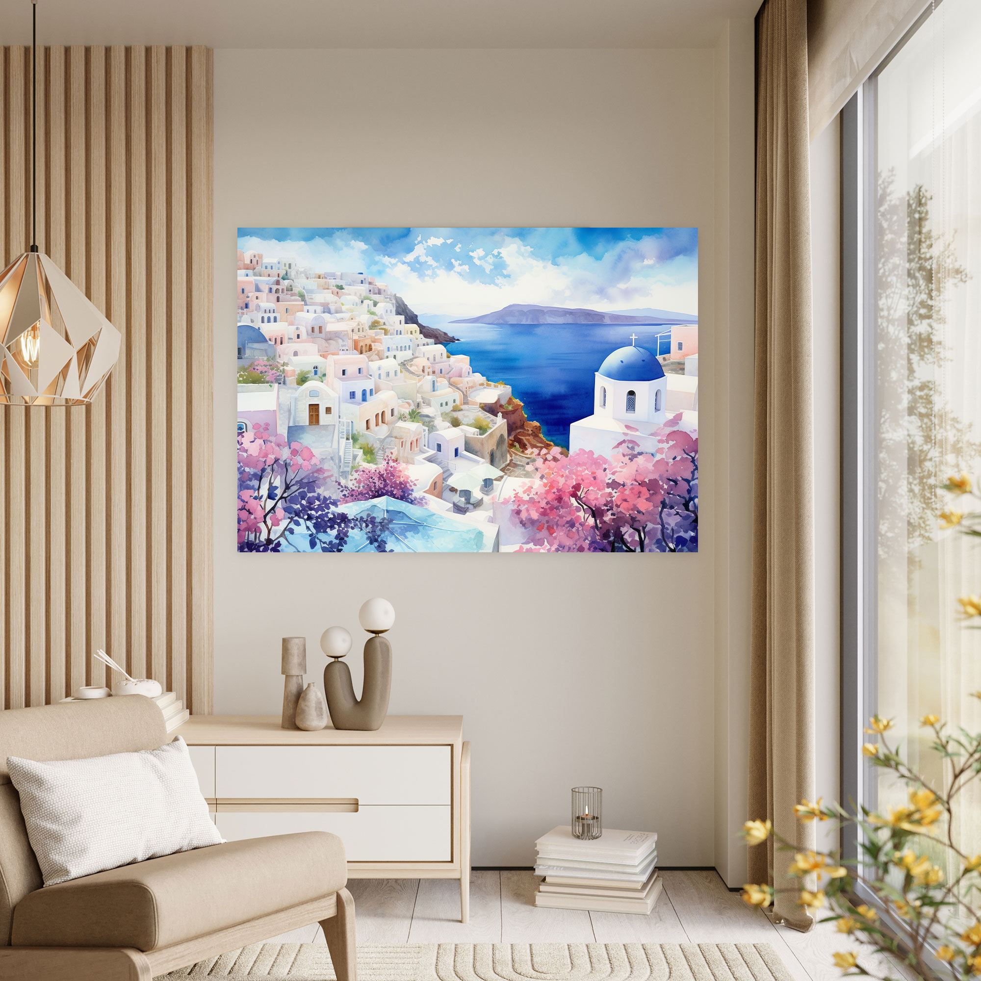 Santorini Canvas Print - Watercolor Village Wall Decoration - Santorini, Santorini, Canvas Print, Canvas