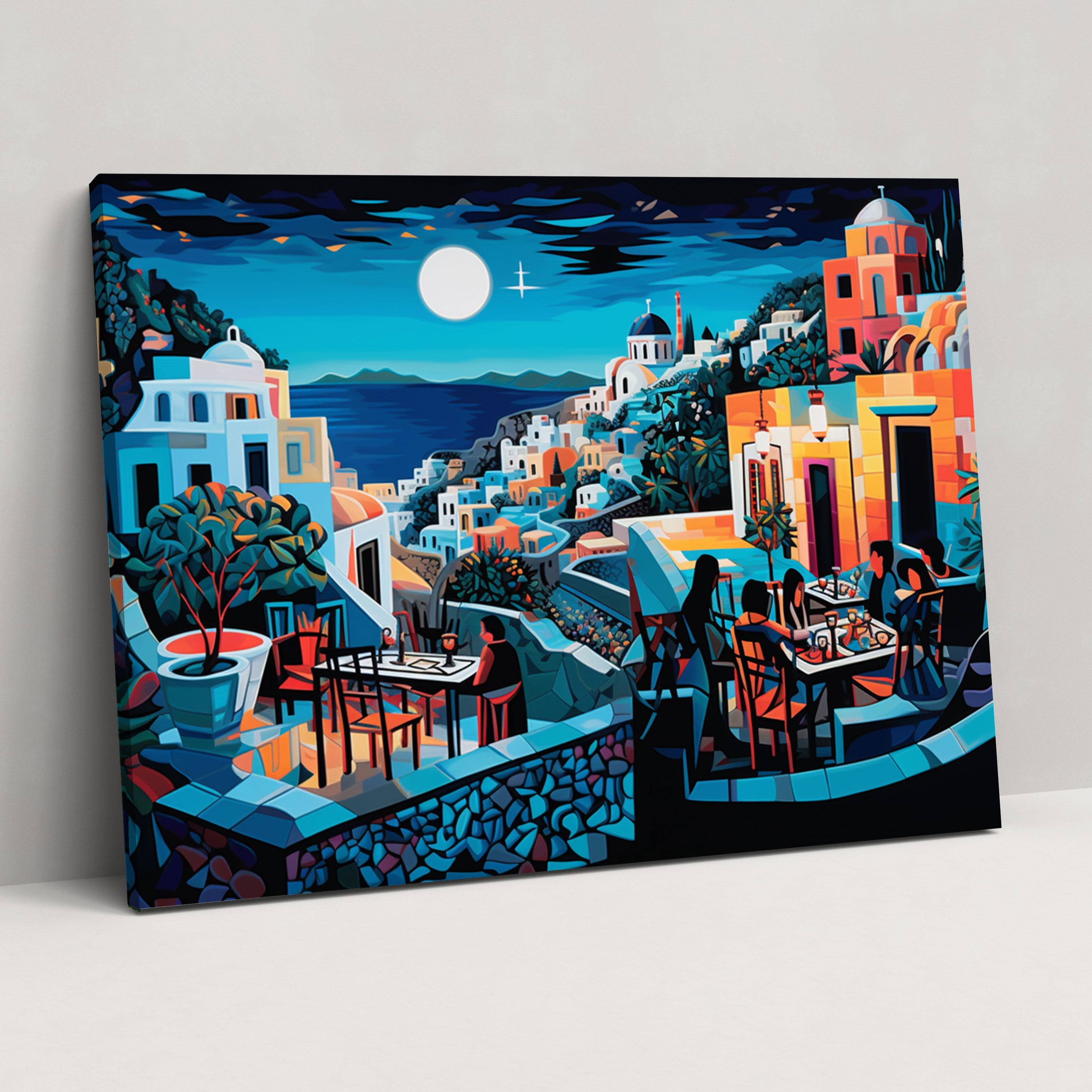 Santorini Wall Art - Pop Art Mosaic Canvas Print - Santorini, Canvas, Nightlife, Home Decoration