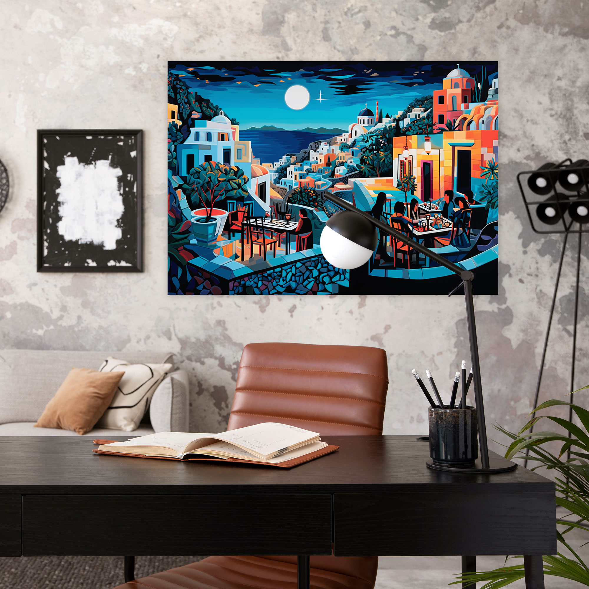 Santorini Wall Art - Pop Art Mosaic Canvas Print - Santorini, Canvas, Nightlife, Home Decoration