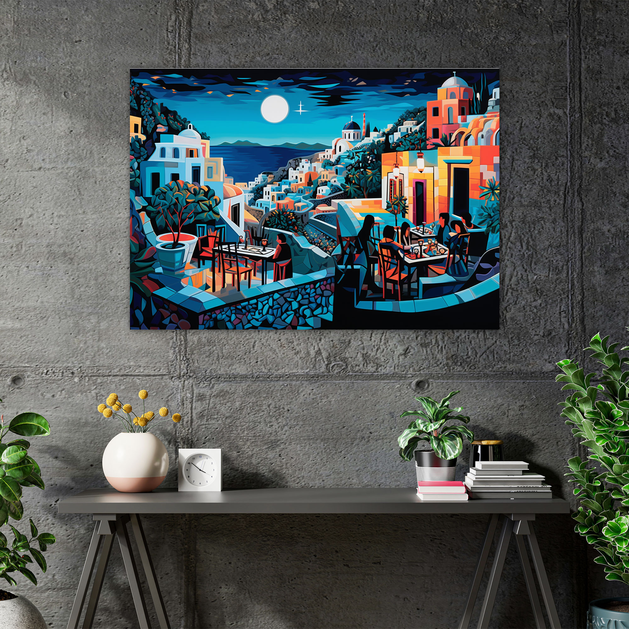 Santorini Wall Art - Pop Art Mosaic Canvas Print - Santorini, Canvas, Nightlife, Home Decoration