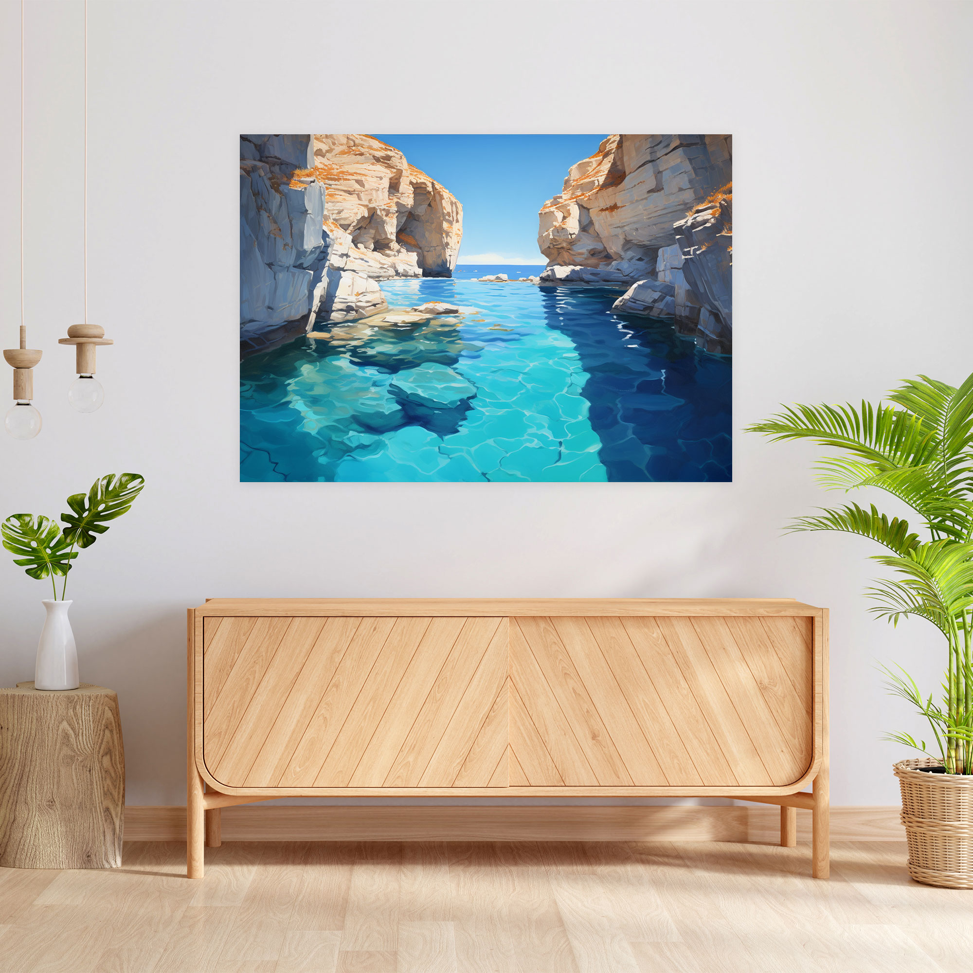 Santorini Canvas Print - Realistic Oil Painting Wall Decoration - Santorini, Wall Decoration, Turquoise Waters, Blue Sky
