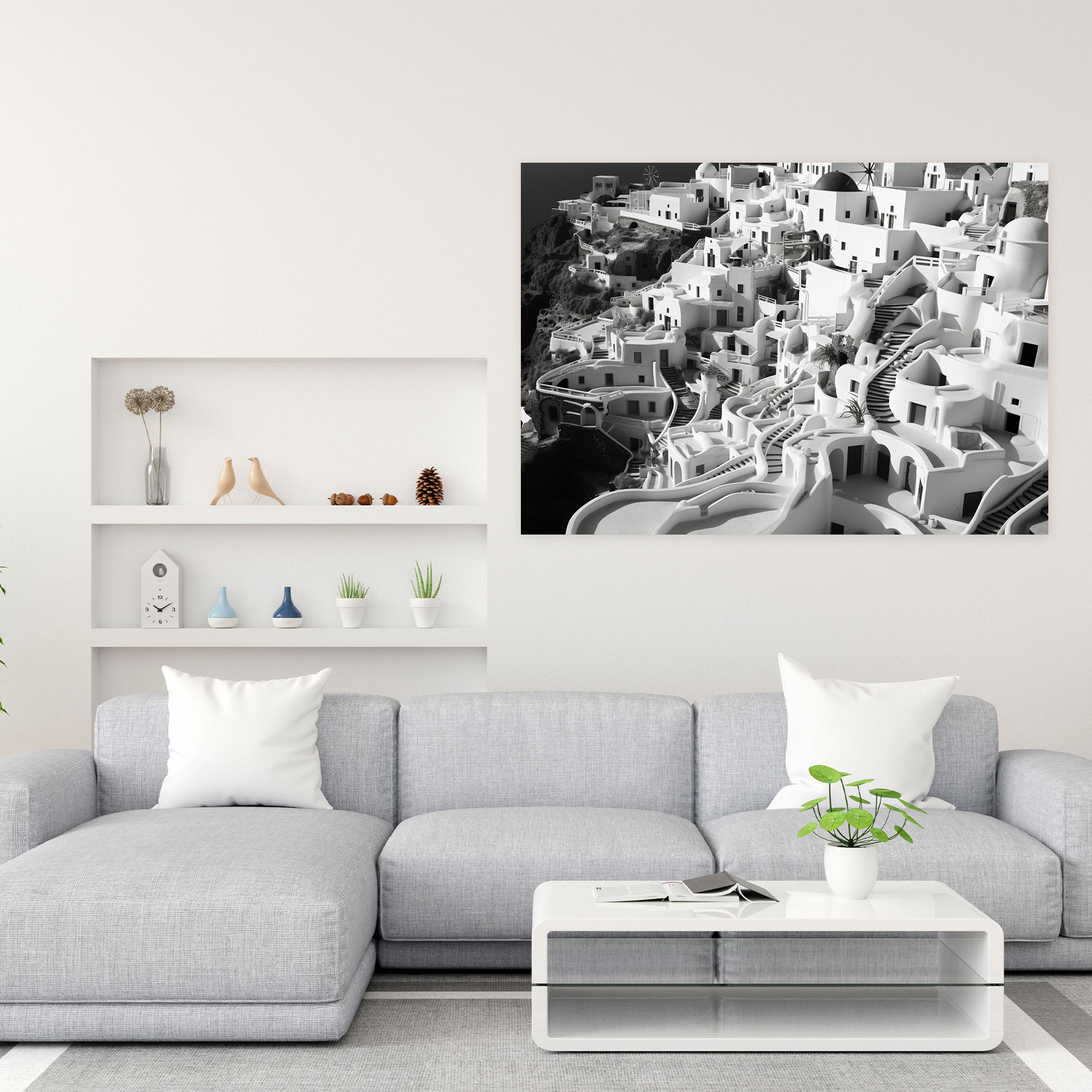 Santorini Wall Art - Aerial Black And White Photography Canvas Print - Santorini, Home Decoration, Canvas Print, Wall Art