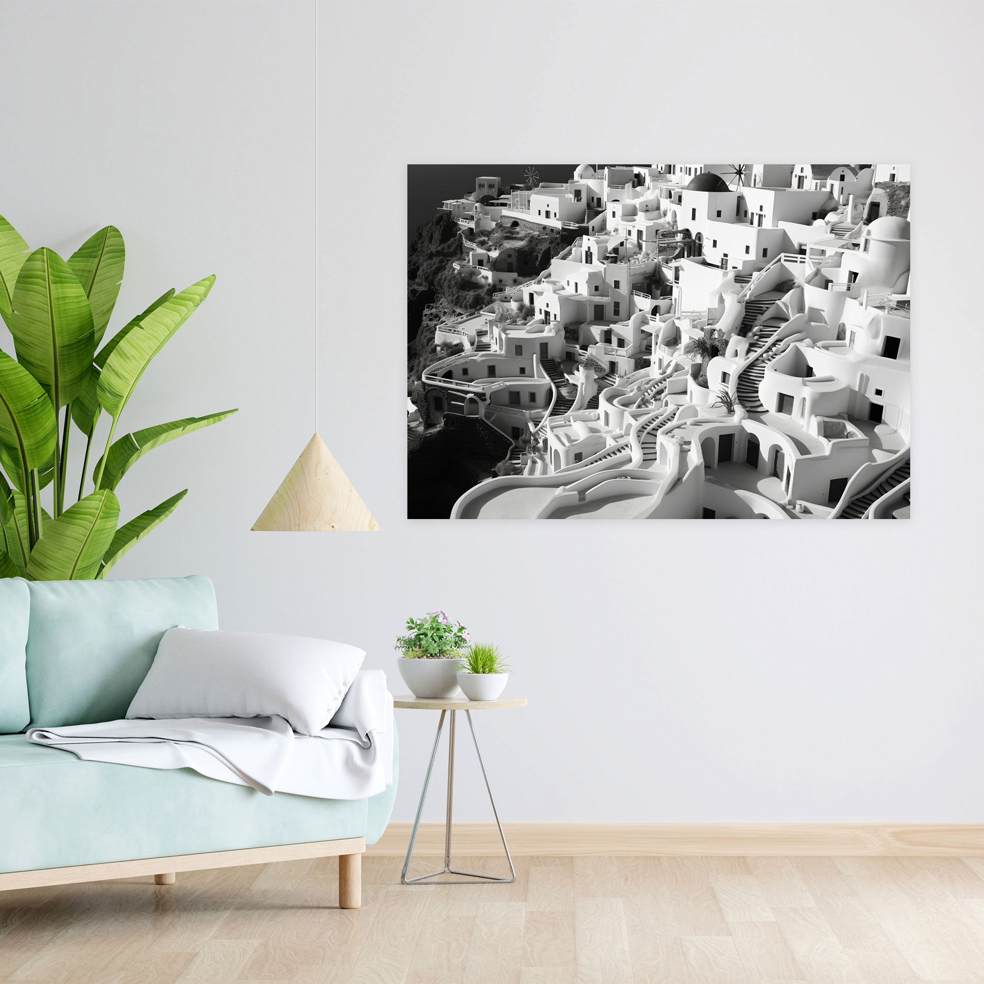Santorini Wall Art - Aerial Black And White Photography Canvas Print - Santorini, Home Decoration, Canvas Print, Wall Art