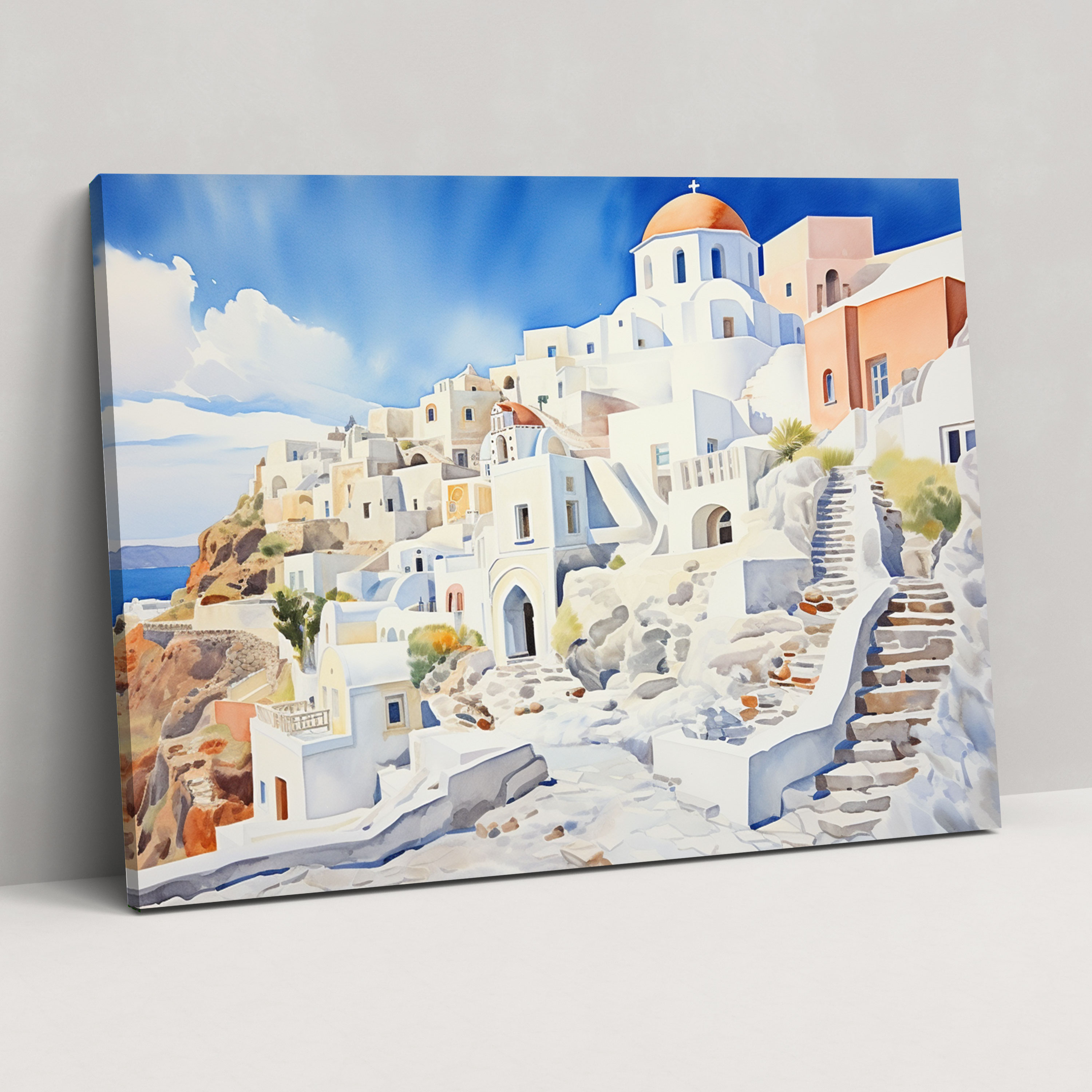 Santorini Canvas Print - Santorini, Wall Art, Watercolor Painting, White Houses