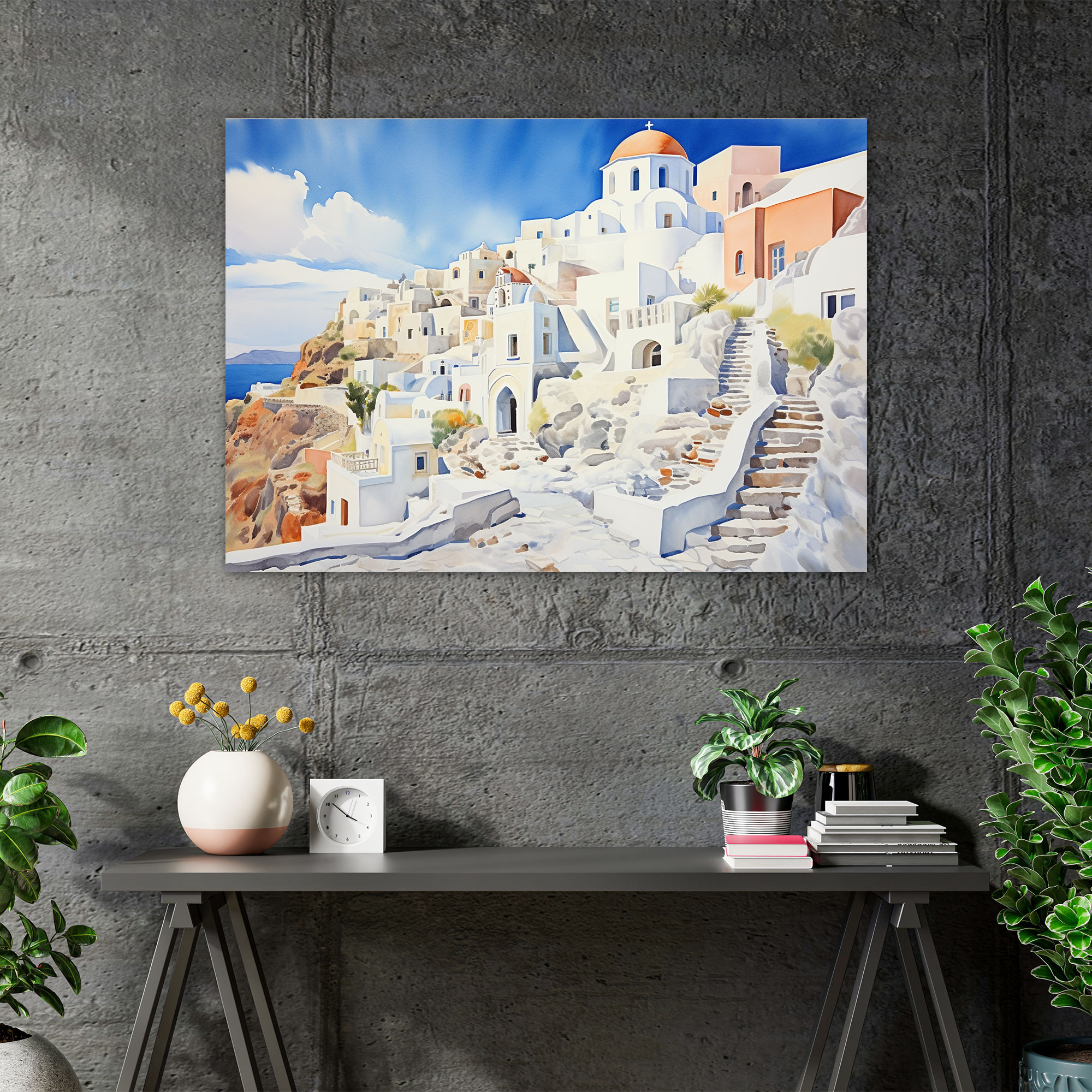 Santorini Canvas Print - Santorini, Wall Art, Watercolor Painting, White Houses