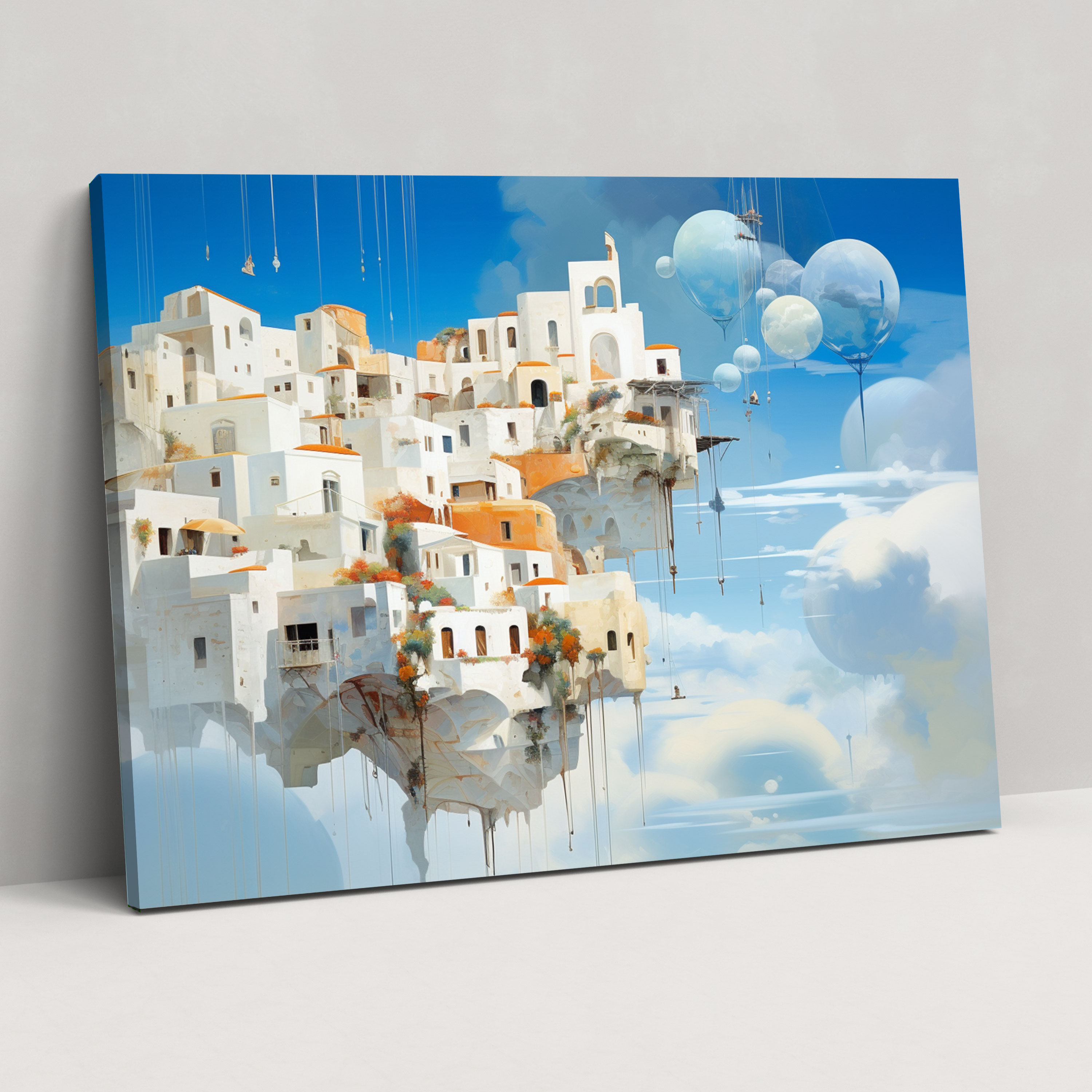 Santorini Canvas Art - Santorini, Wall Decoration, Surrealist Artwork, Floating Houses