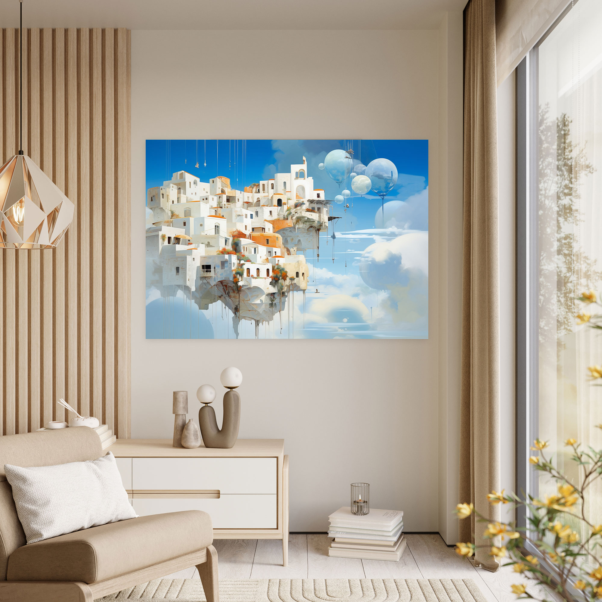 Santorini Canvas Art - Santorini, Wall Decoration, Surrealist Artwork, Floating Houses