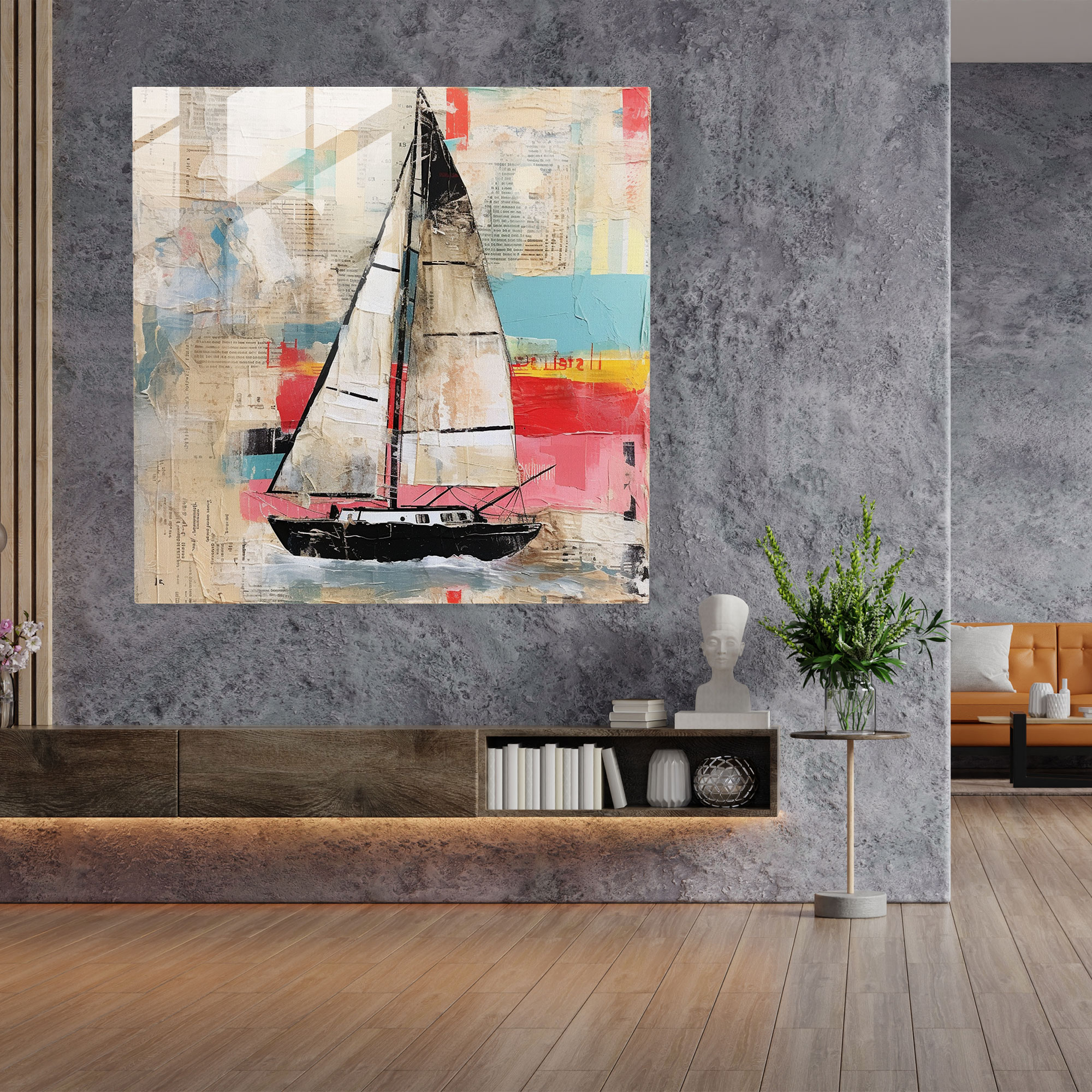 Abstract Sailboat Glass Print - Sailboat, Glass Wall Art, Wall Decoration, Home Decoration