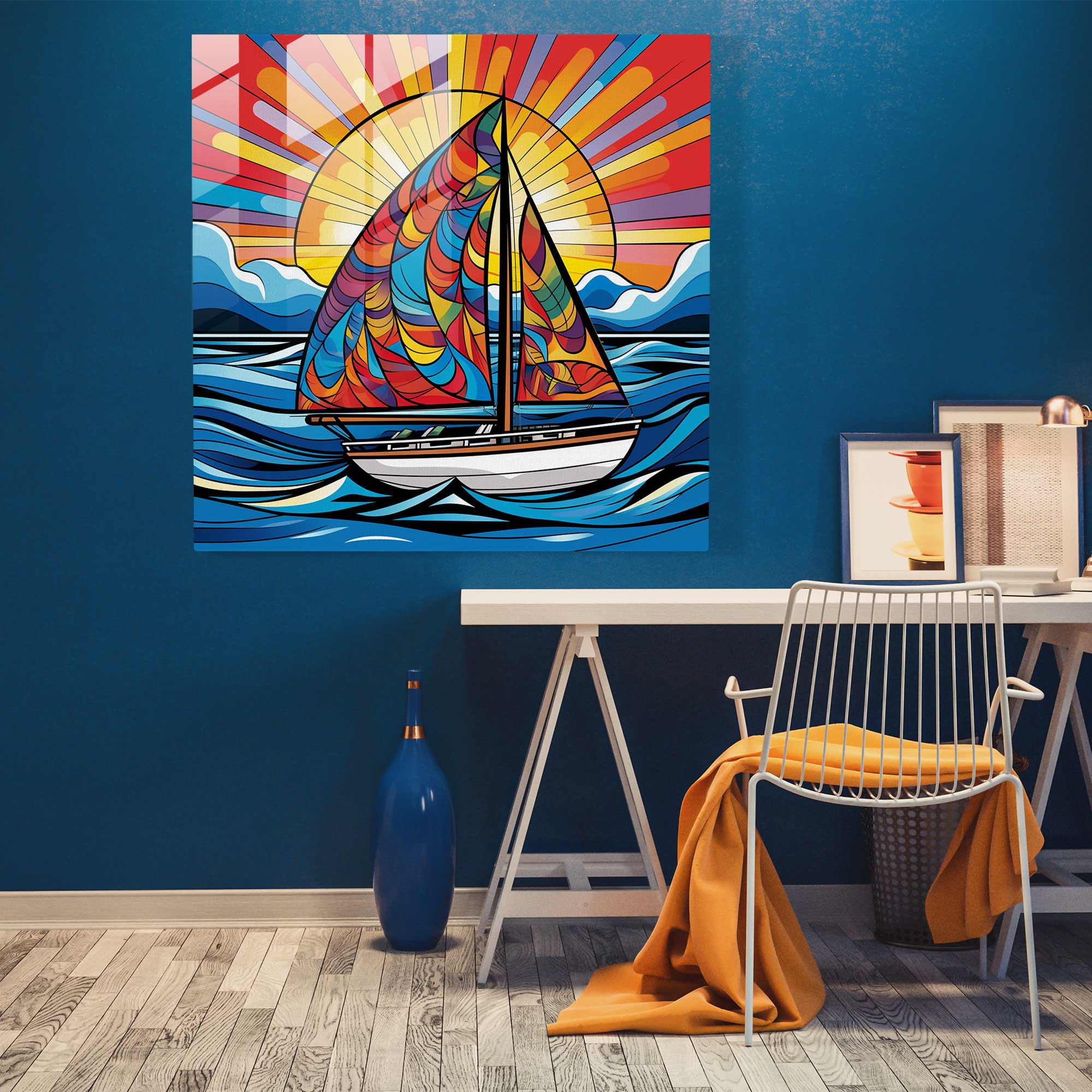 Colorful Sailboat Glass Print - Sailboat, Sailboat, Modern Art, Home Decoration
