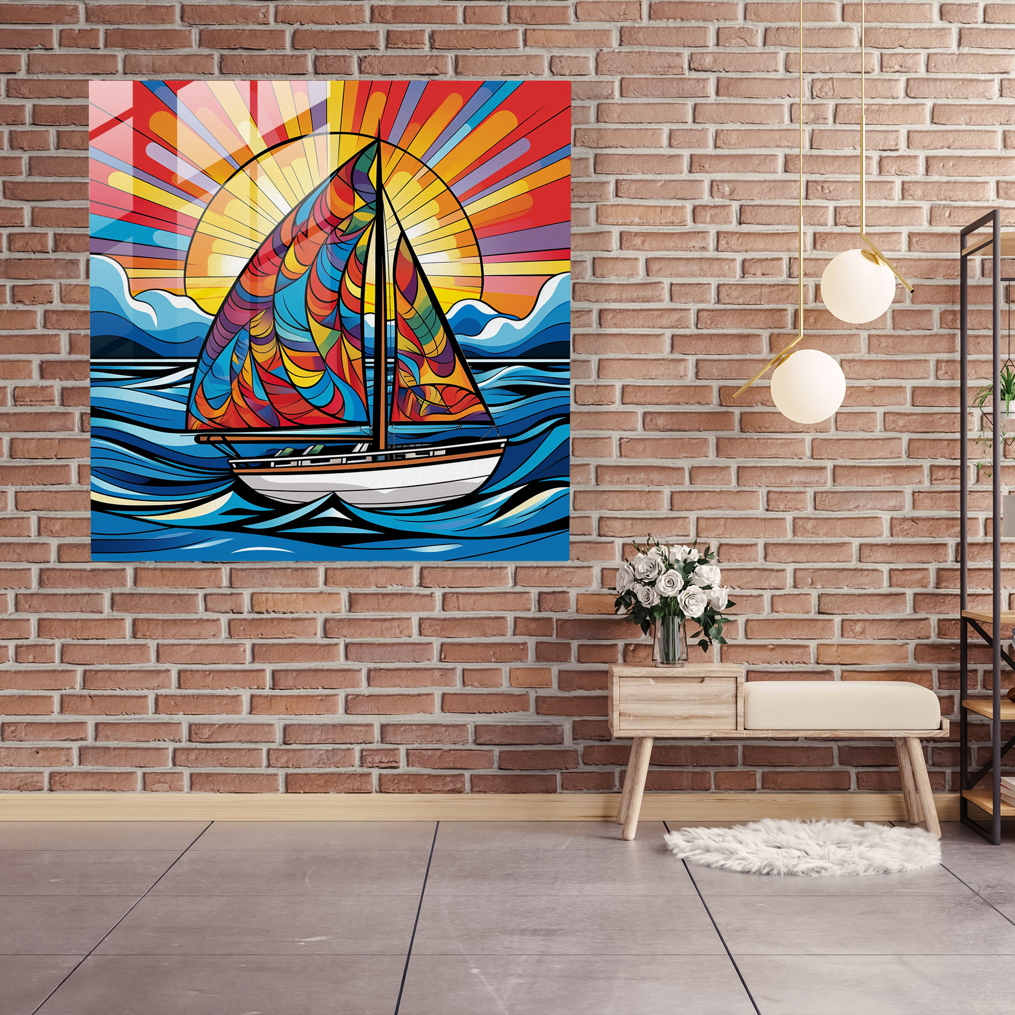 Colorful Sailboat Glass Print - Sailboat, Sailboat, Modern Art, Home Decoration