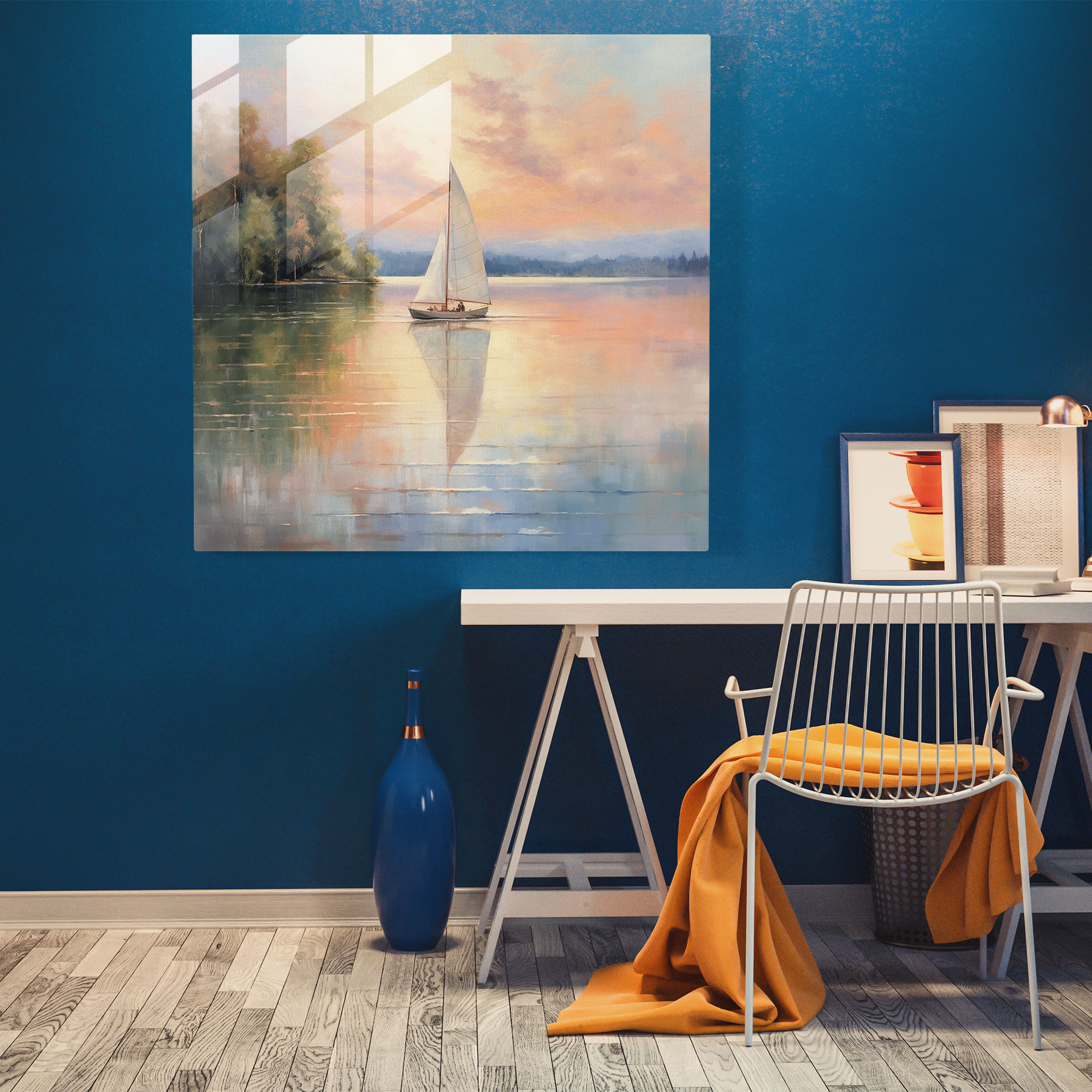 Pastel Lake Sailboat Glass Print - Sailboat, Sailboat, Glass Art, Wall Decoration