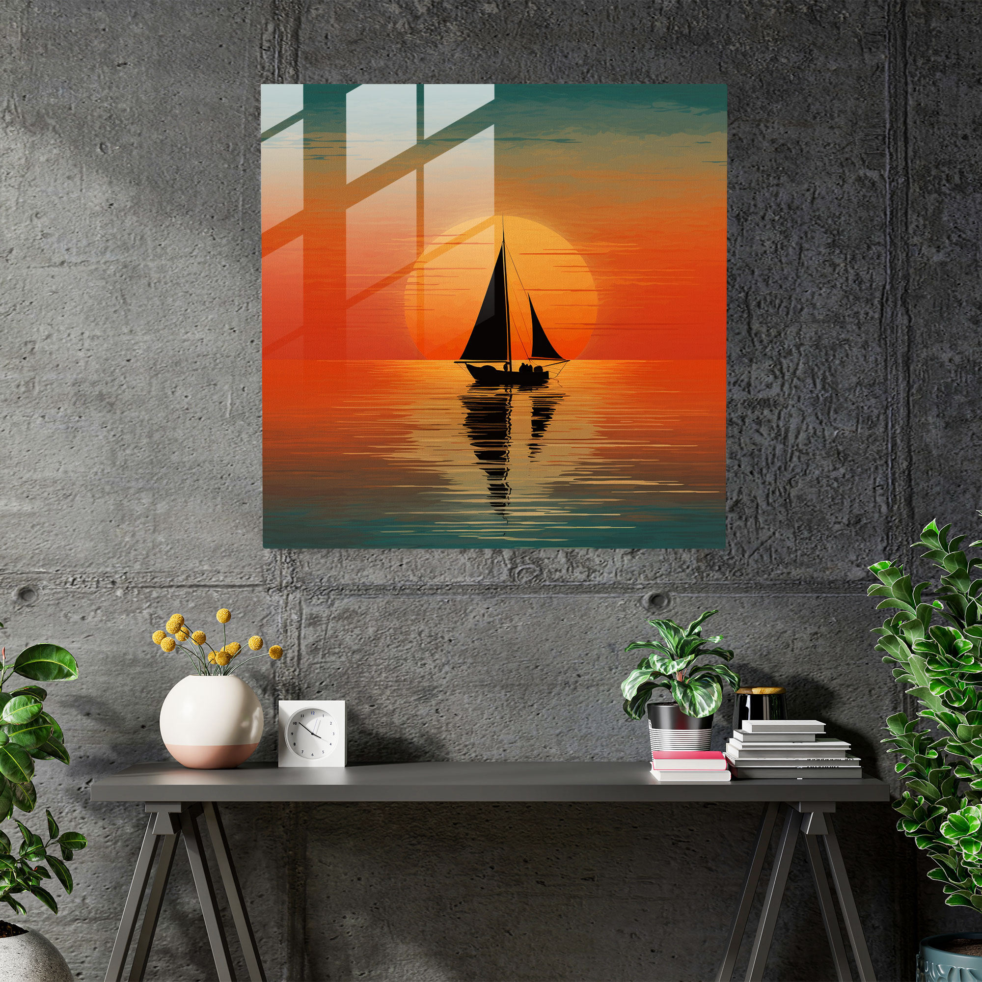Silhouette Sailboat Glass Print - Sailboat, Minimalist Silhouette Artwork, Glass Print, Wall Decoration
