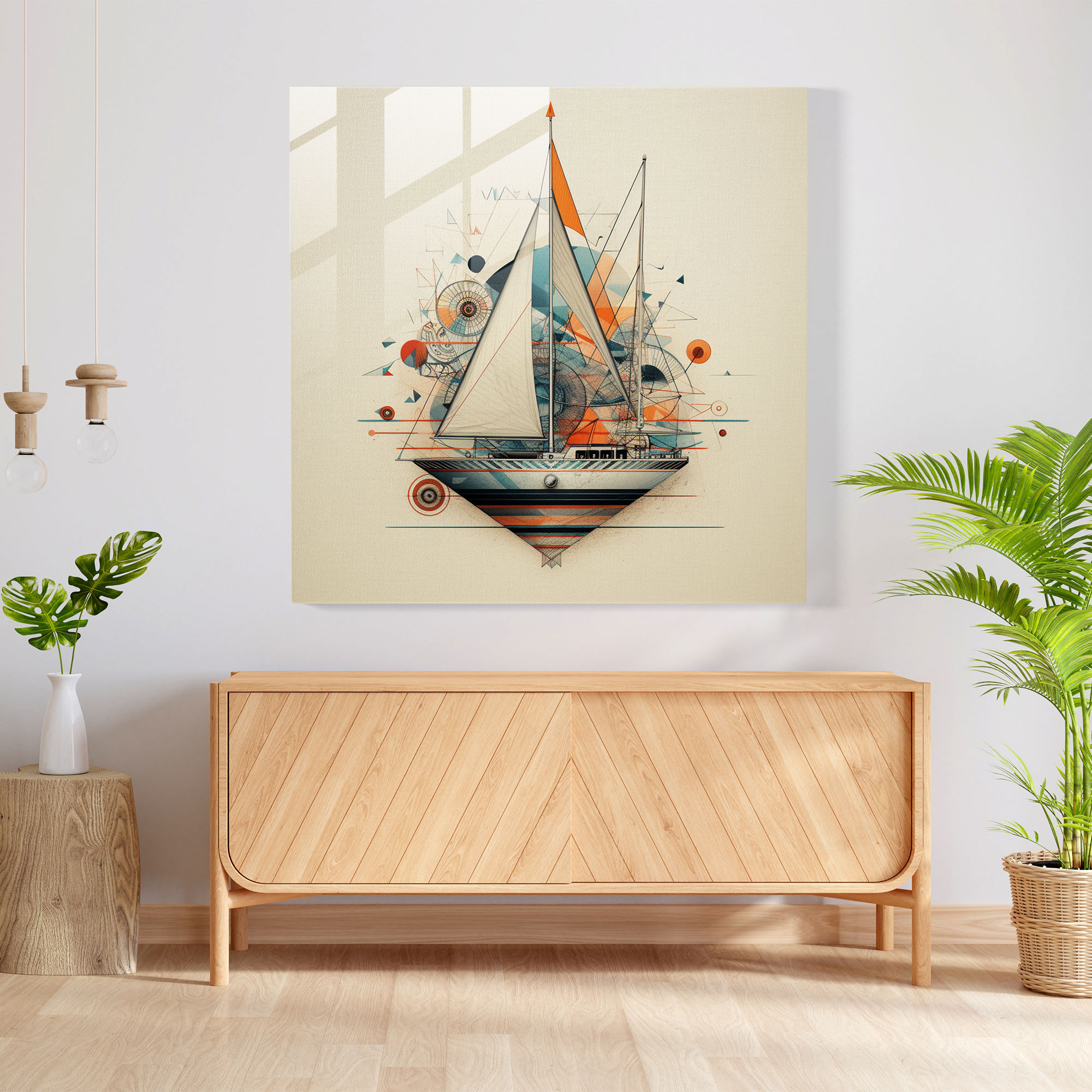 Geometric Sailboat Glass Print - Sailboat, Glass Art, Wall Decoration, Contemporary