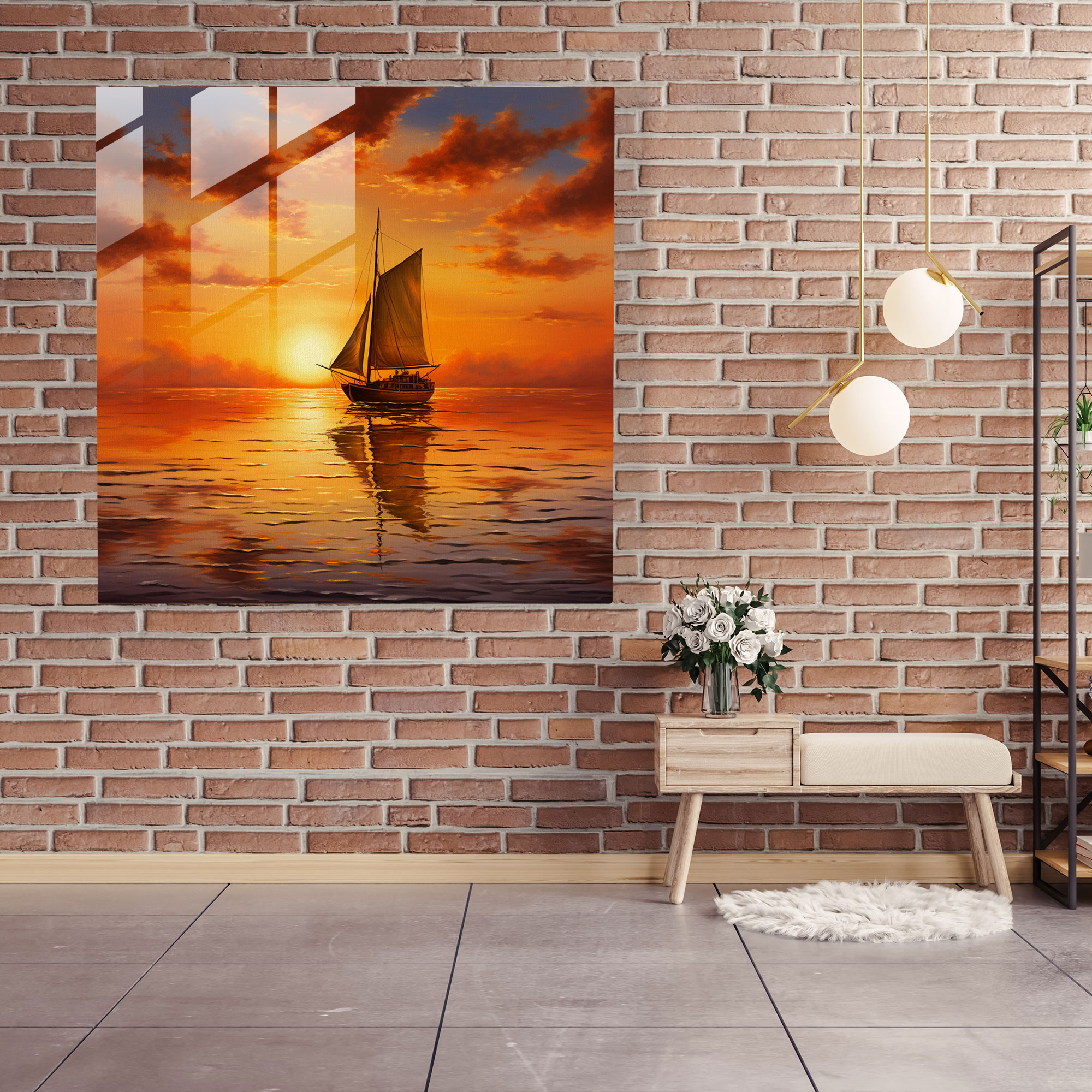 Realistic Sailboat Glass Print - Sailboat, Golden Sunset, Glass Art, Glass Print