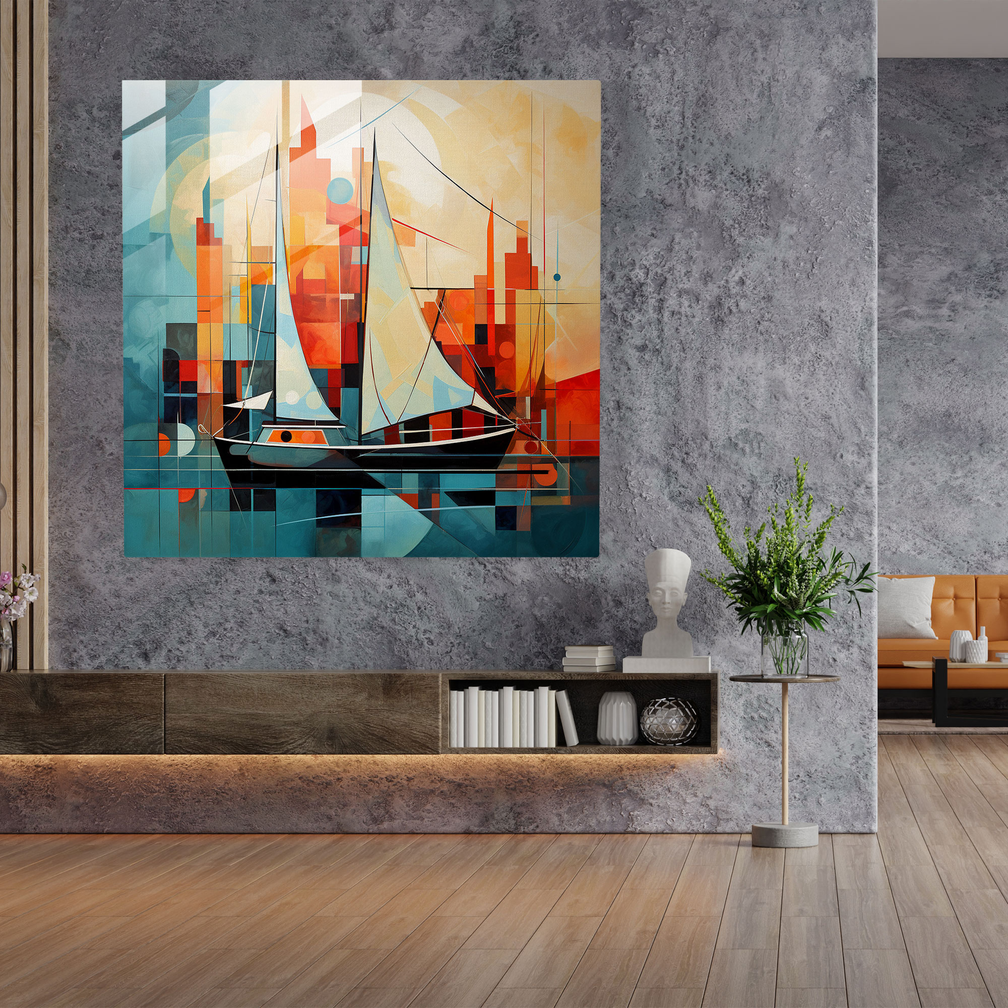 Contemporary Sailboat Glass Print - Sailboat, Wall Decoration, Glass Print, Glass Art