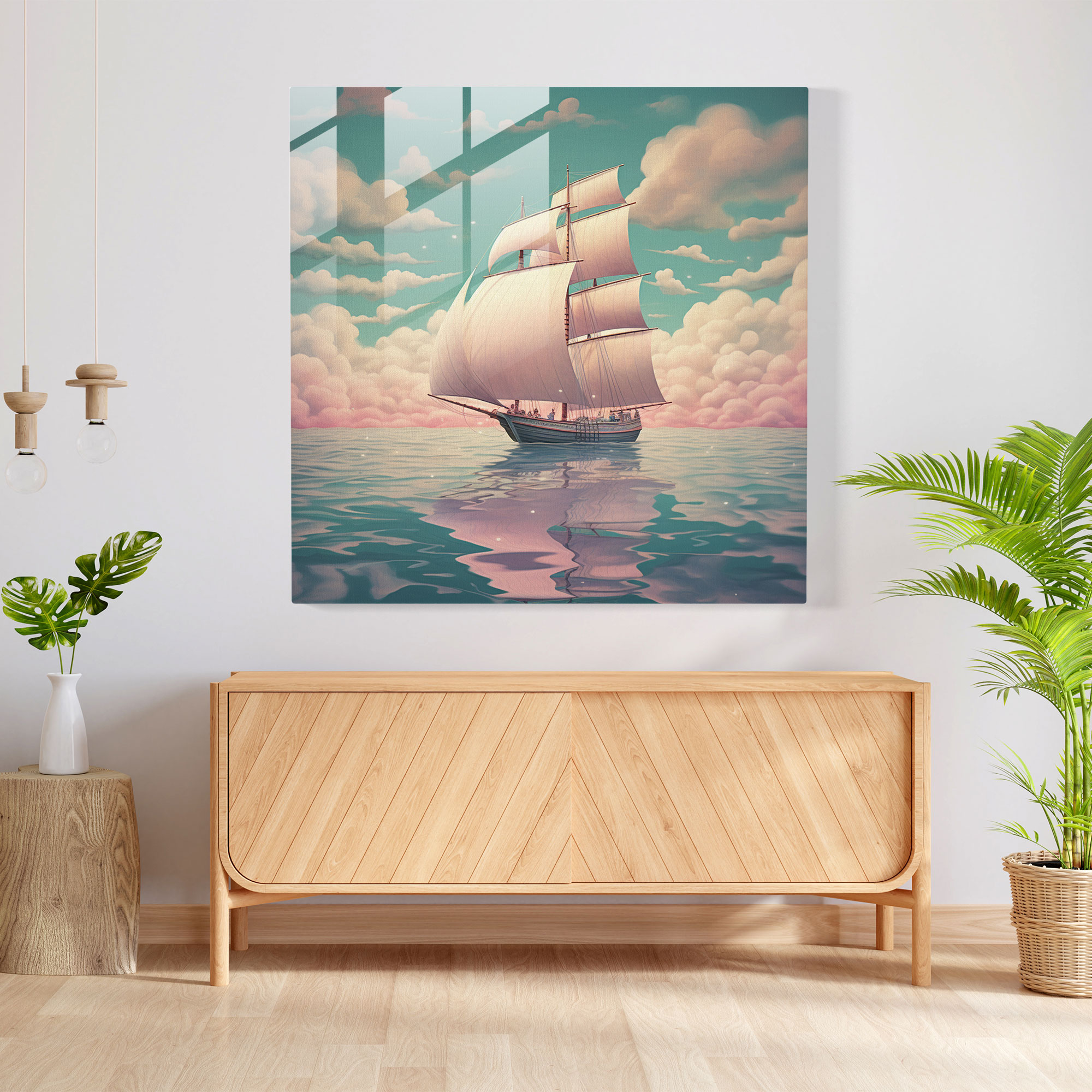 Sailboat Glass Print - Sailboat, Imagination, Glass Art, Sailing On A Cloud
