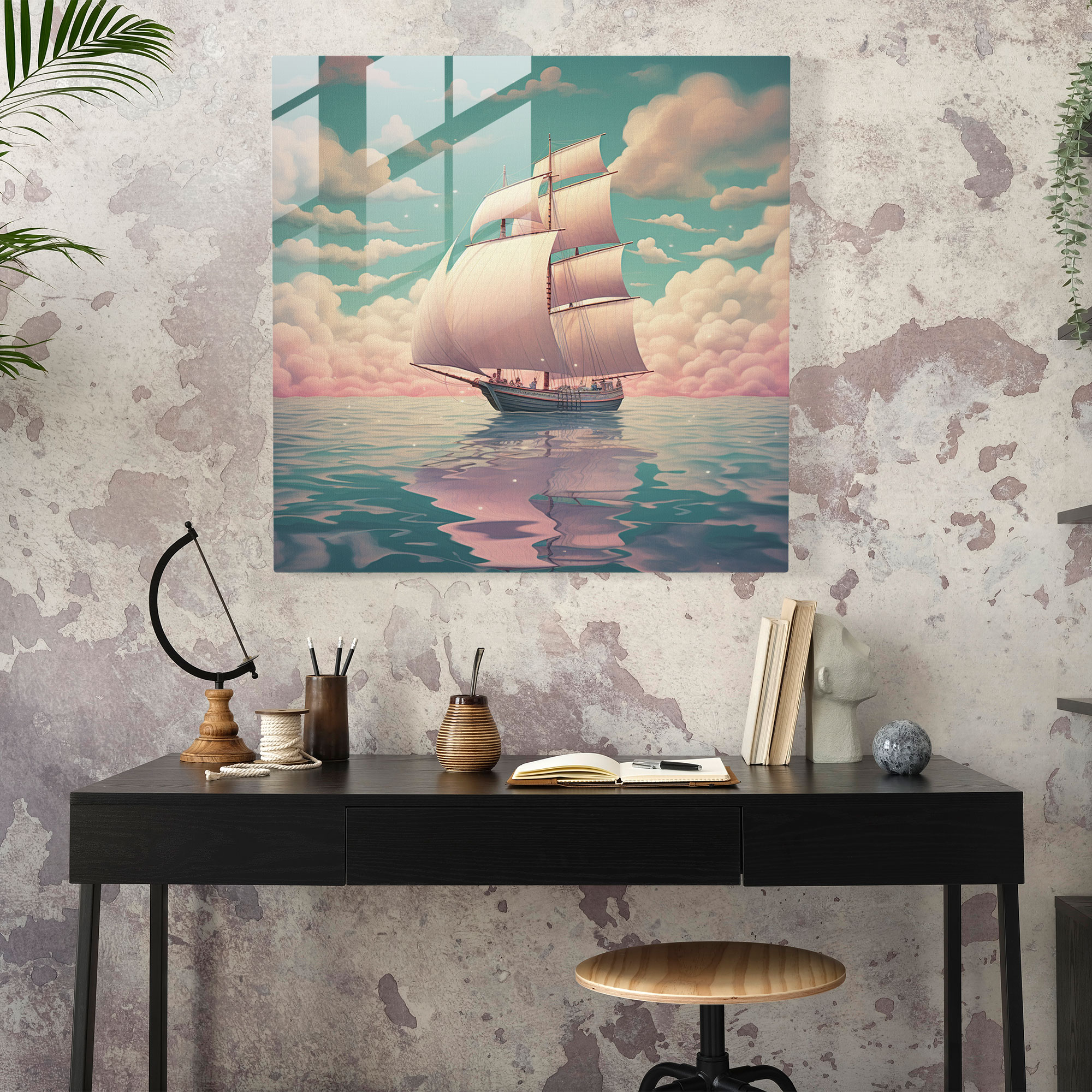 Sailboat Glass Print - Sailboat, Imagination, Glass Art, Sailing On A Cloud