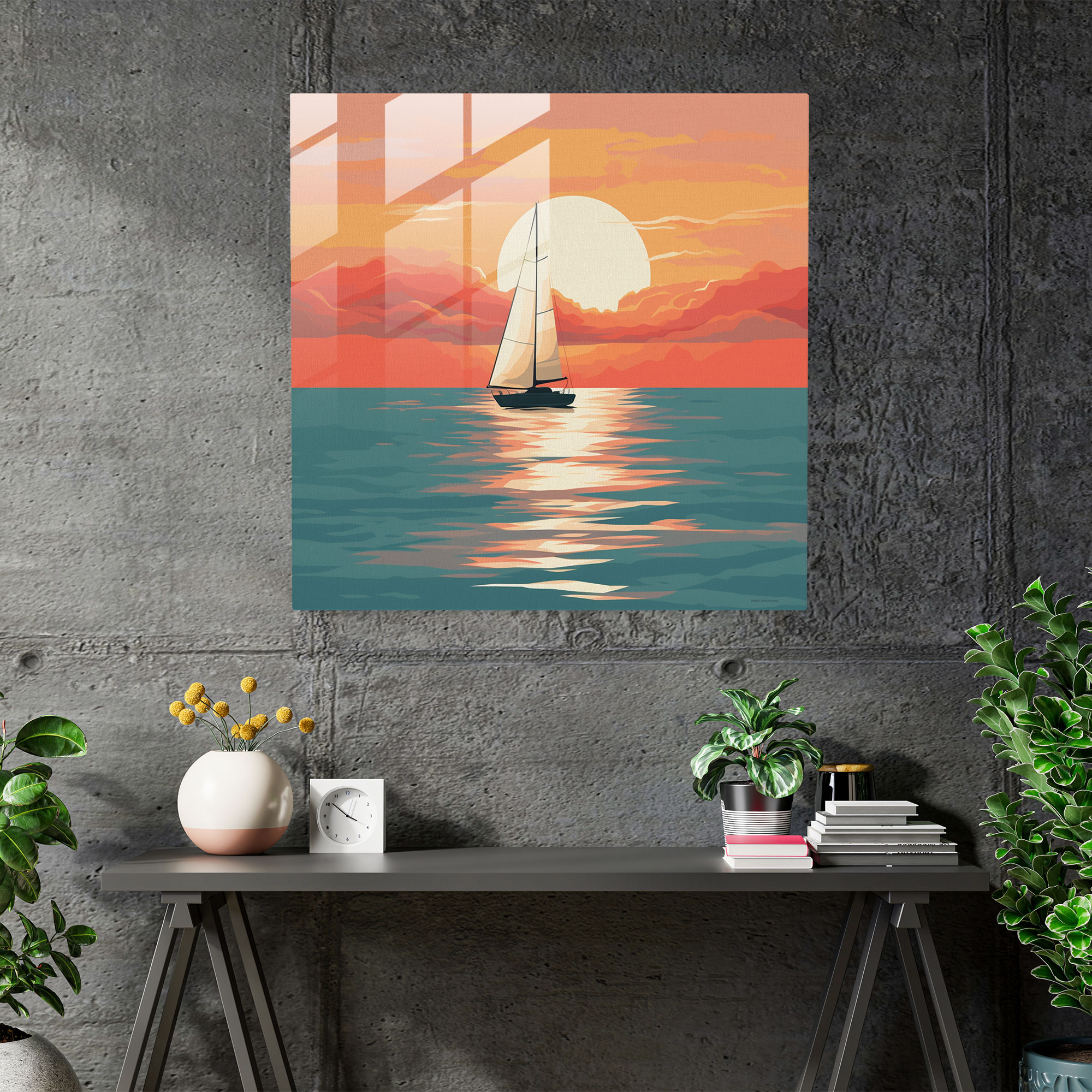 Sailboat Horizon Glass Print - Sailboat, Beautiful, Modern Art, Minimalist Illustration