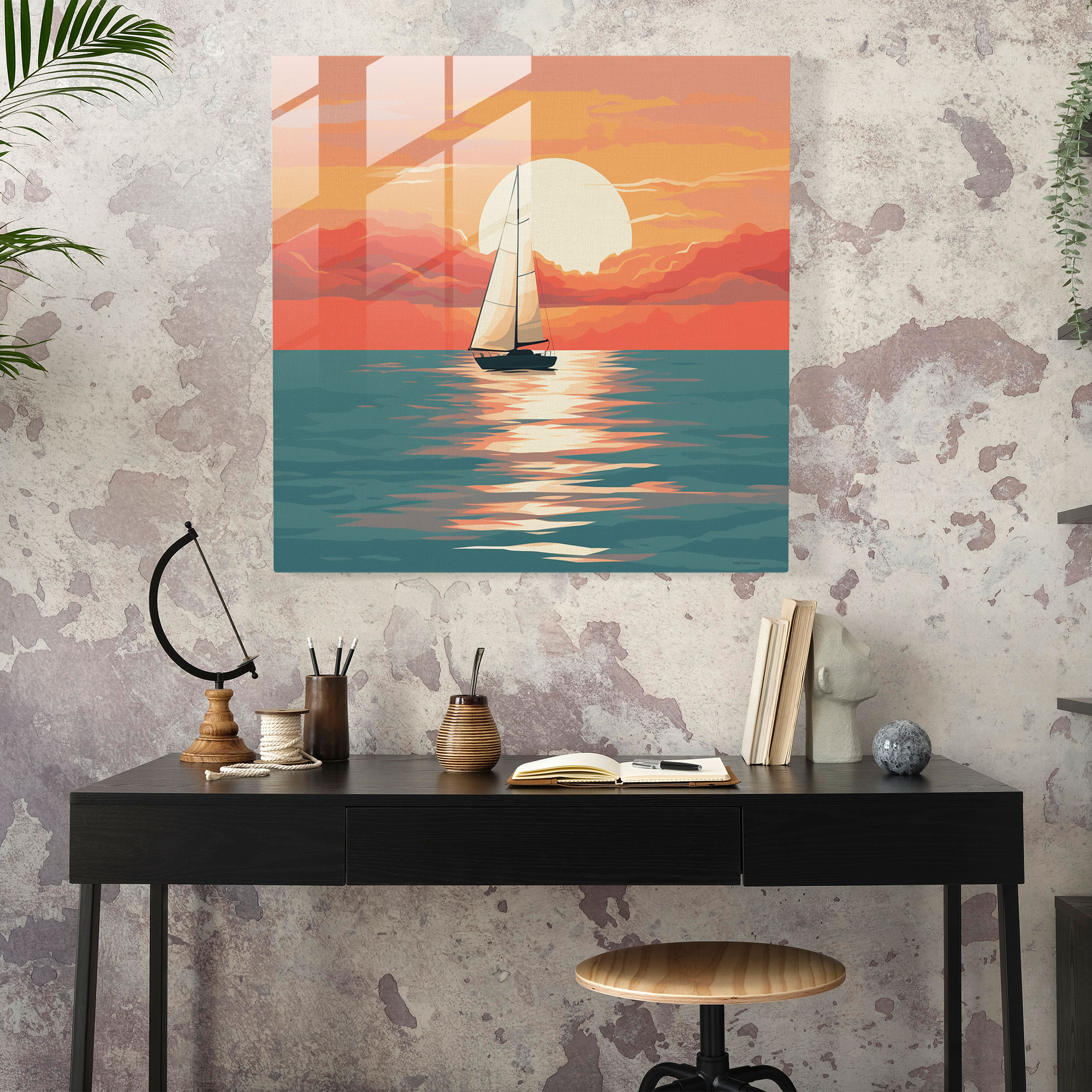 Sailboat Horizon Glass Print - Sailboat, Beautiful, Modern Art, Minimalist Illustration
