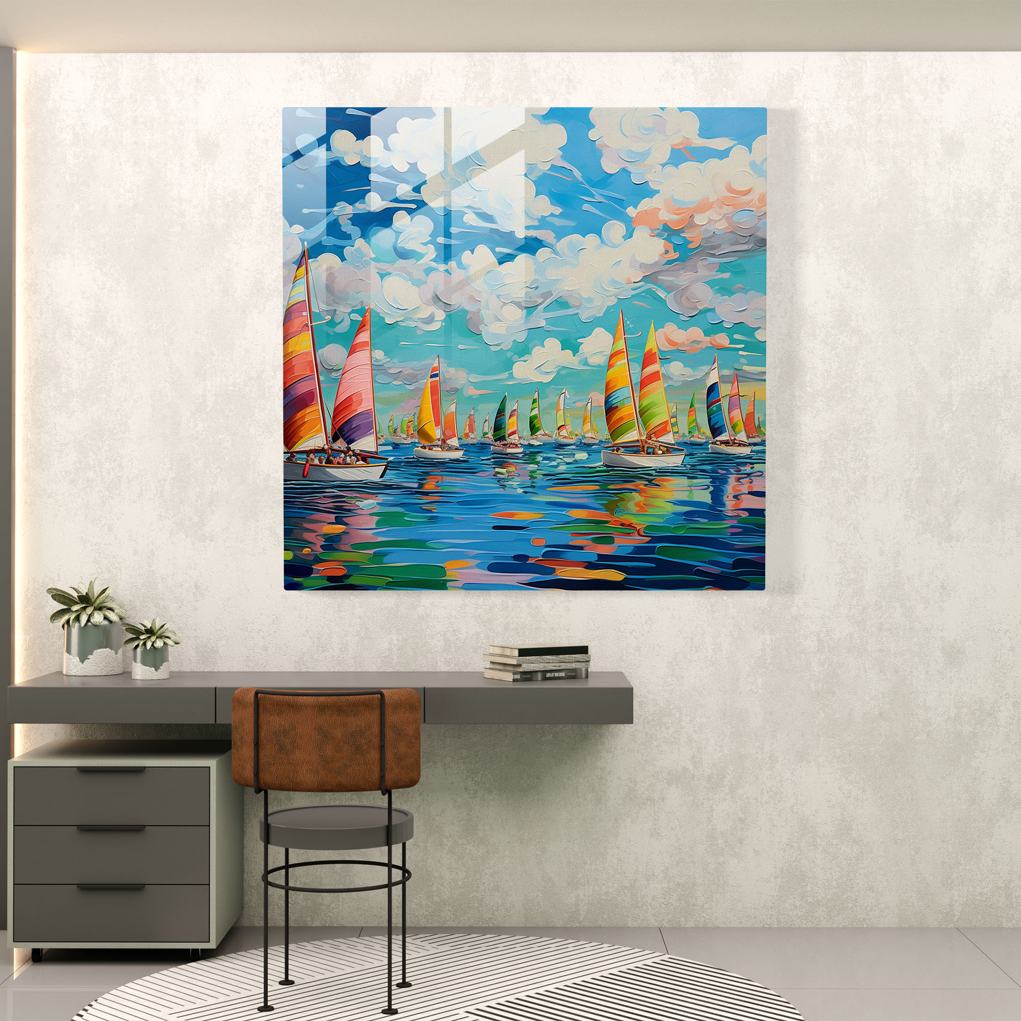 Sailboat Fantasia Glass Print - Sailboat, Wall Decoration, Bright Blue Sky, Whimsical Painting