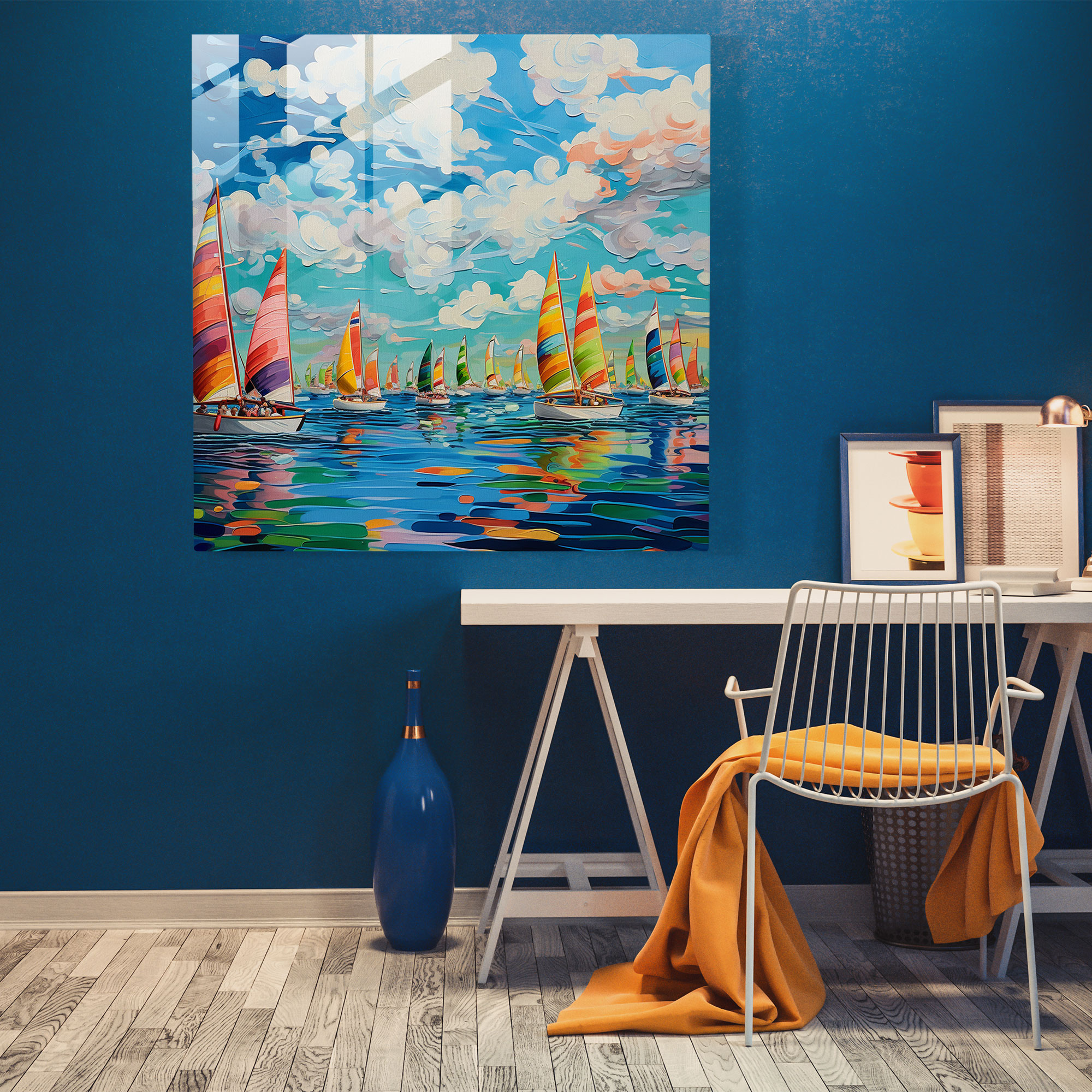 Sailboat Fantasia Glass Print - Sailboat, Wall Decoration, Bright Blue Sky, Whimsical Painting