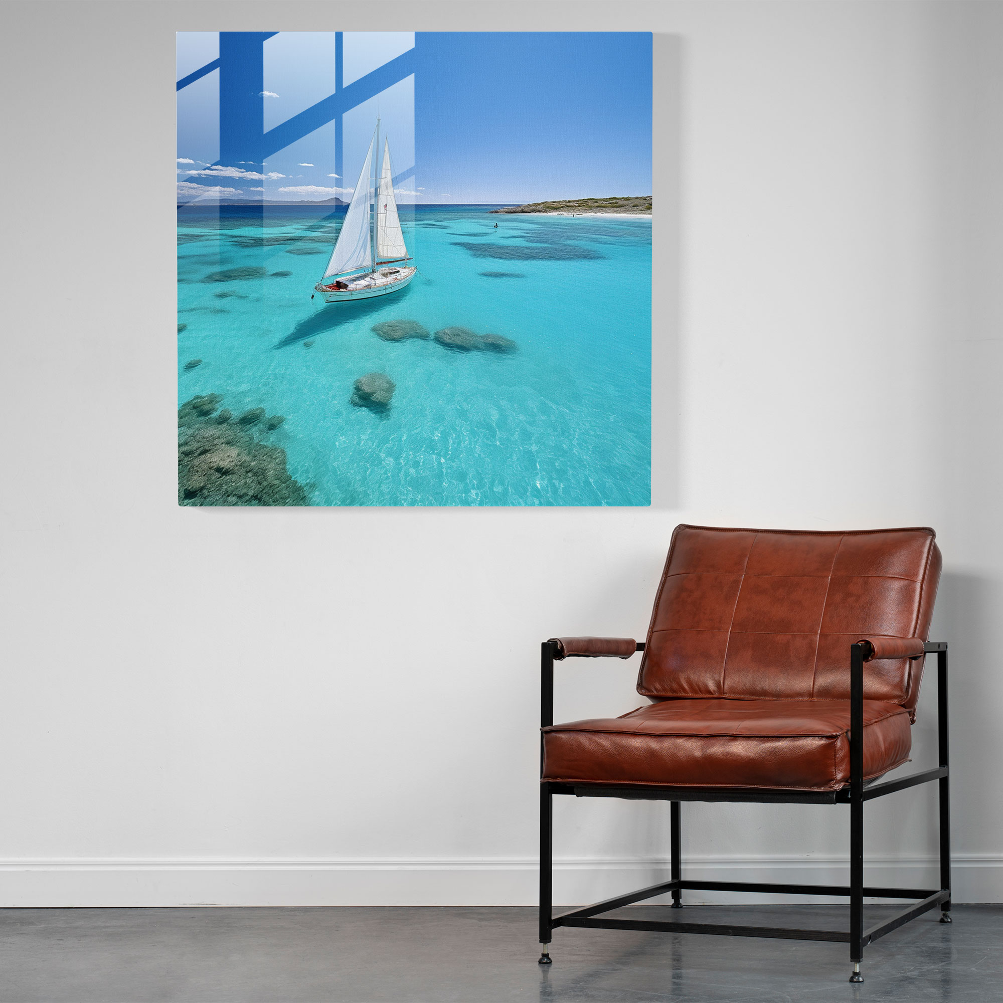 Turquoise Serenade Glass Print - Sailboat, Glass Print, Wall Decoration, Crystal Clear Turquoise Sea
