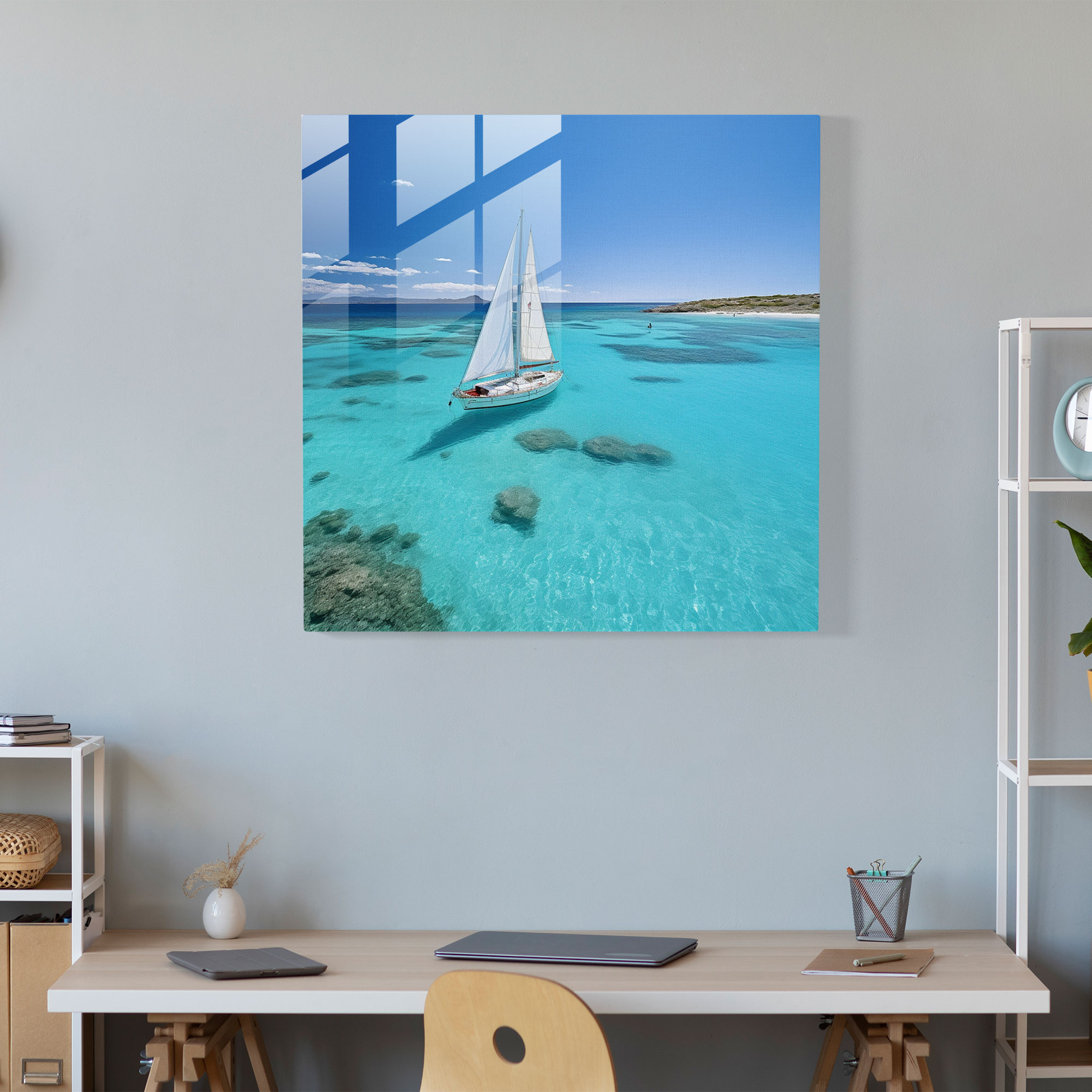 Turquoise Serenade Glass Print - Sailboat, Glass Print, Wall Decoration, Crystal Clear Turquoise Sea
