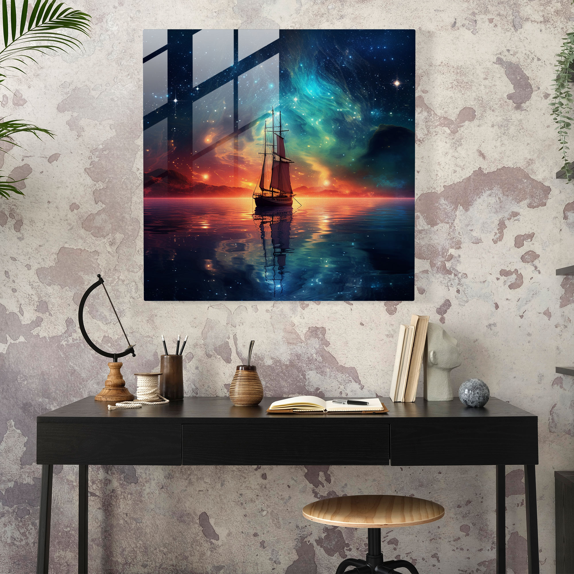 Starry Voyage Glass Print - Sailboat, Cosmic Charm, Sailboat, Nebulae