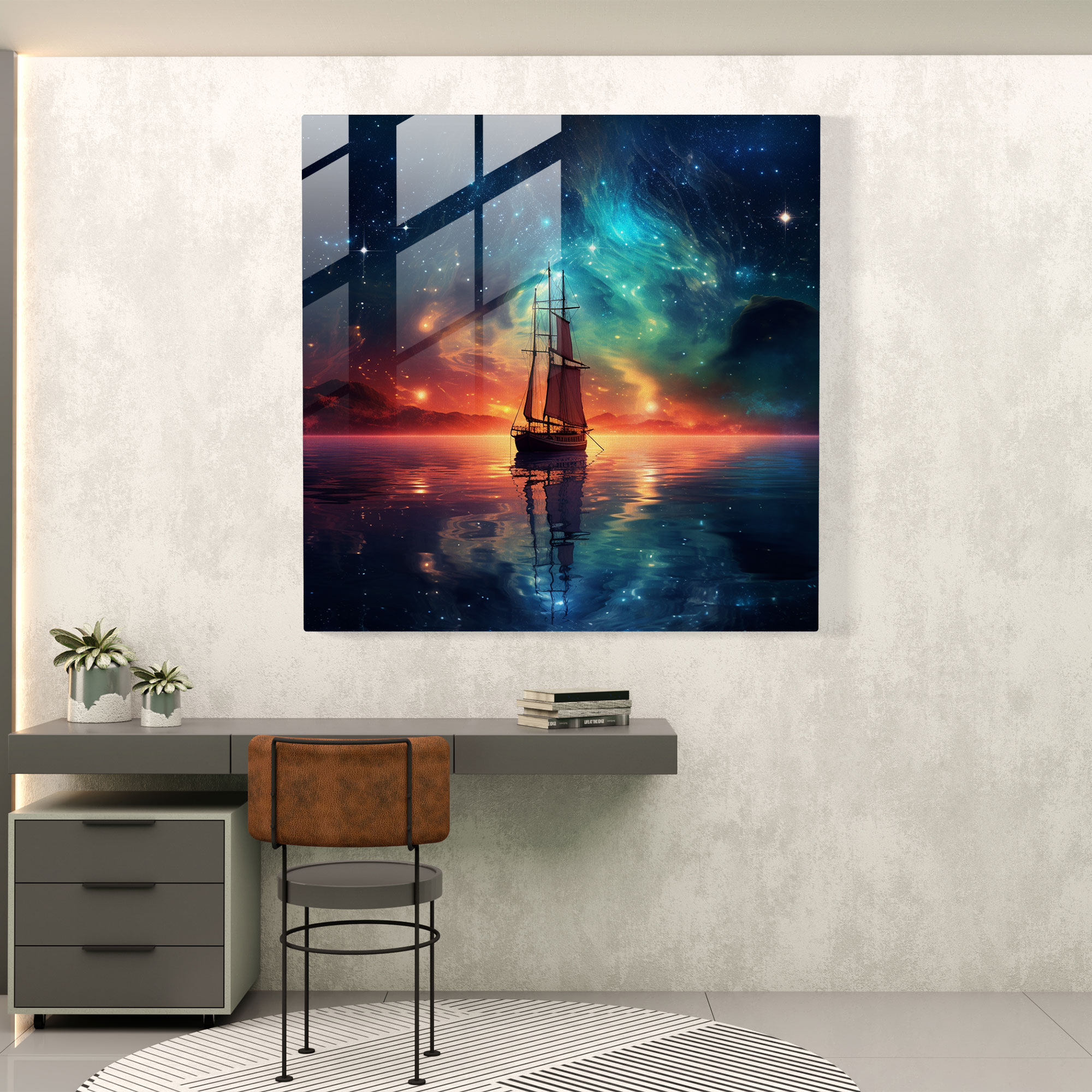 Starry Voyage Glass Print - Sailboat, Cosmic Charm, Sailboat, Nebulae